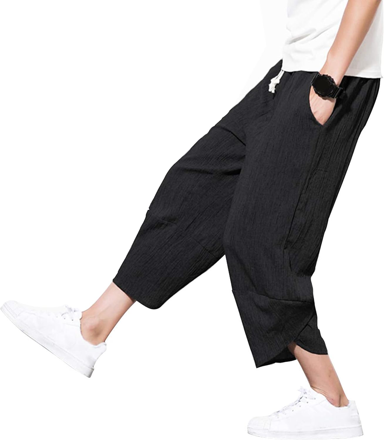 PRIJOUHE Men's Harem Capri Pants, Wide Leg Mens Capris, Summer Linen Pants - Image 4