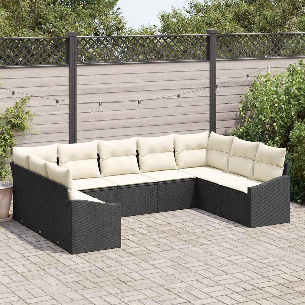 Ensemble de canapés de Jardin modulable 9 pcs Noir polyrotin, Coussins avec Fermeture éclair pour Salon extérieur terrasse Patio, détente et Repas