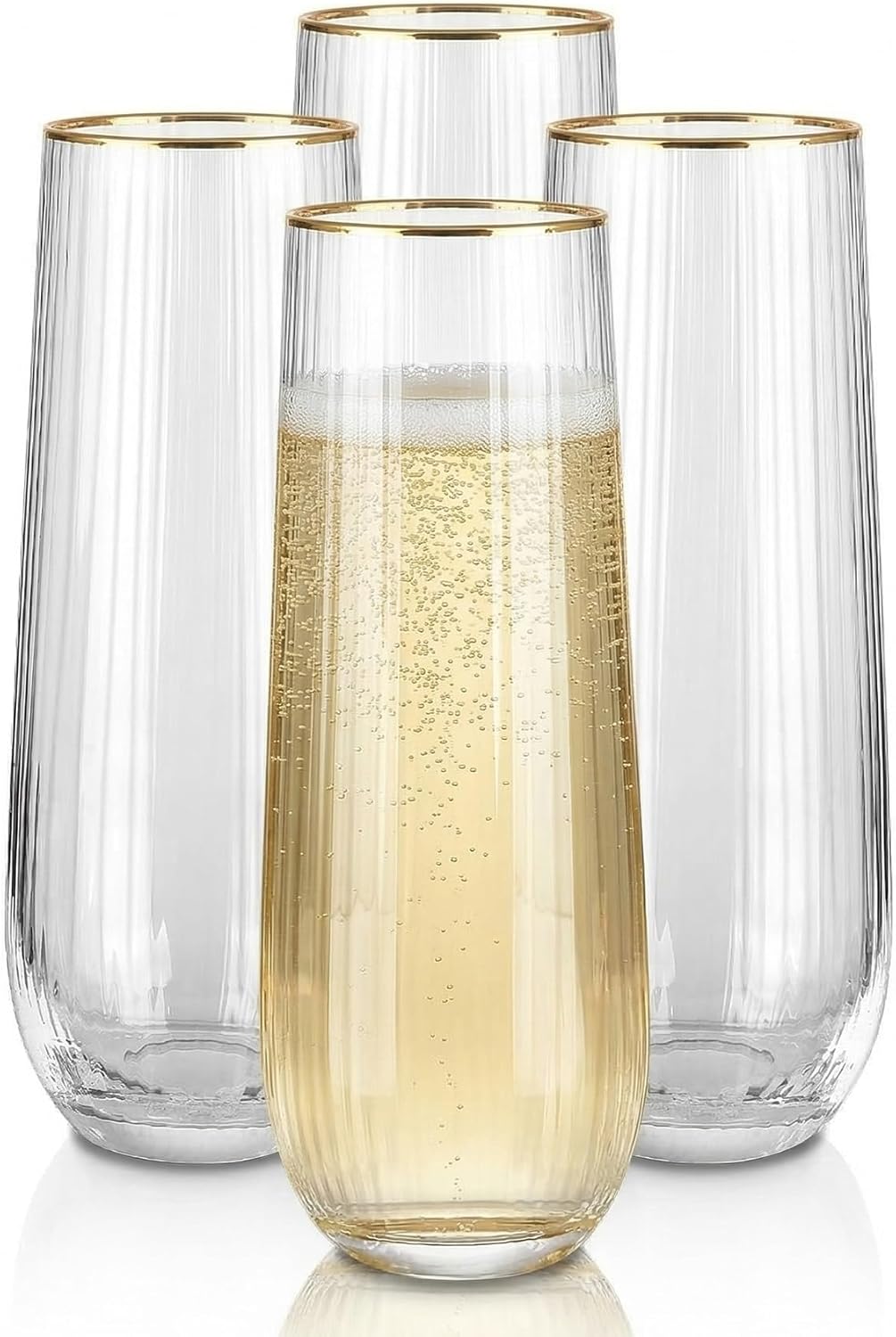 Royalrose Premium Ribbed 10 Oz Sparkling Wine Glassware with Gold Rim, Vintage Style Clear Glasses for Mimosa, Wine, Cocktails, Juice, Home Bar, Set of 4 (Stemless Champagne Flutes)