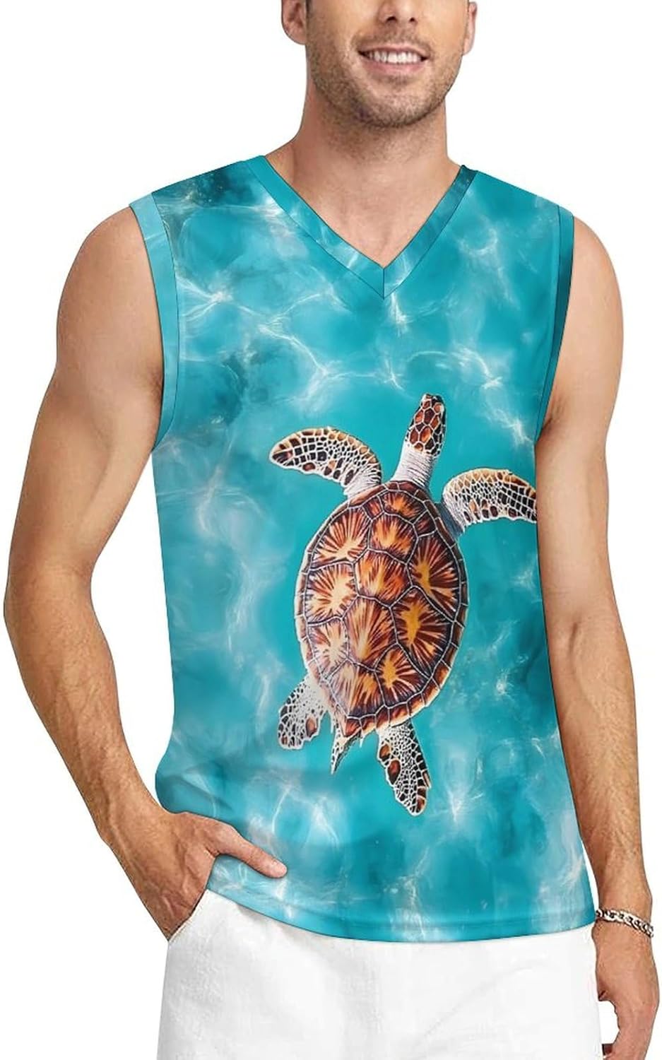 Sea Turtle Swimming Men's V-Neck Basketball Tank Top Sleeveless Workout Tank Shirts Gym Fitness Tees Vest