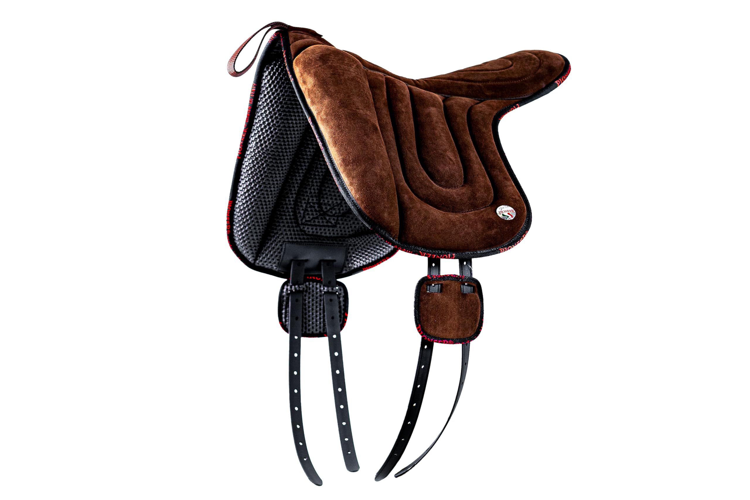 PIONEER Selle Cheval en Daim pour Monte Naturelle, Selle d'Équitation Bareback 50X45 cm avec Rembourrage en Ouate et Mousse à Mémoire - Fabriquée en Italie - avec Sangle en Néoprène - Noir