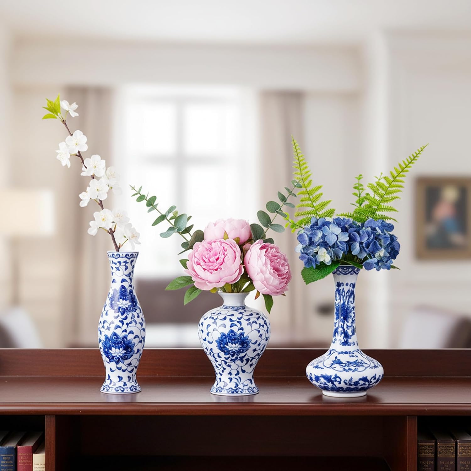 Set of 3 Small Blue & White Porcelain Vases, Fambe Glaze Porcelain Vases Set of 3, Classic Ceramic Flower Vases for Home Décor