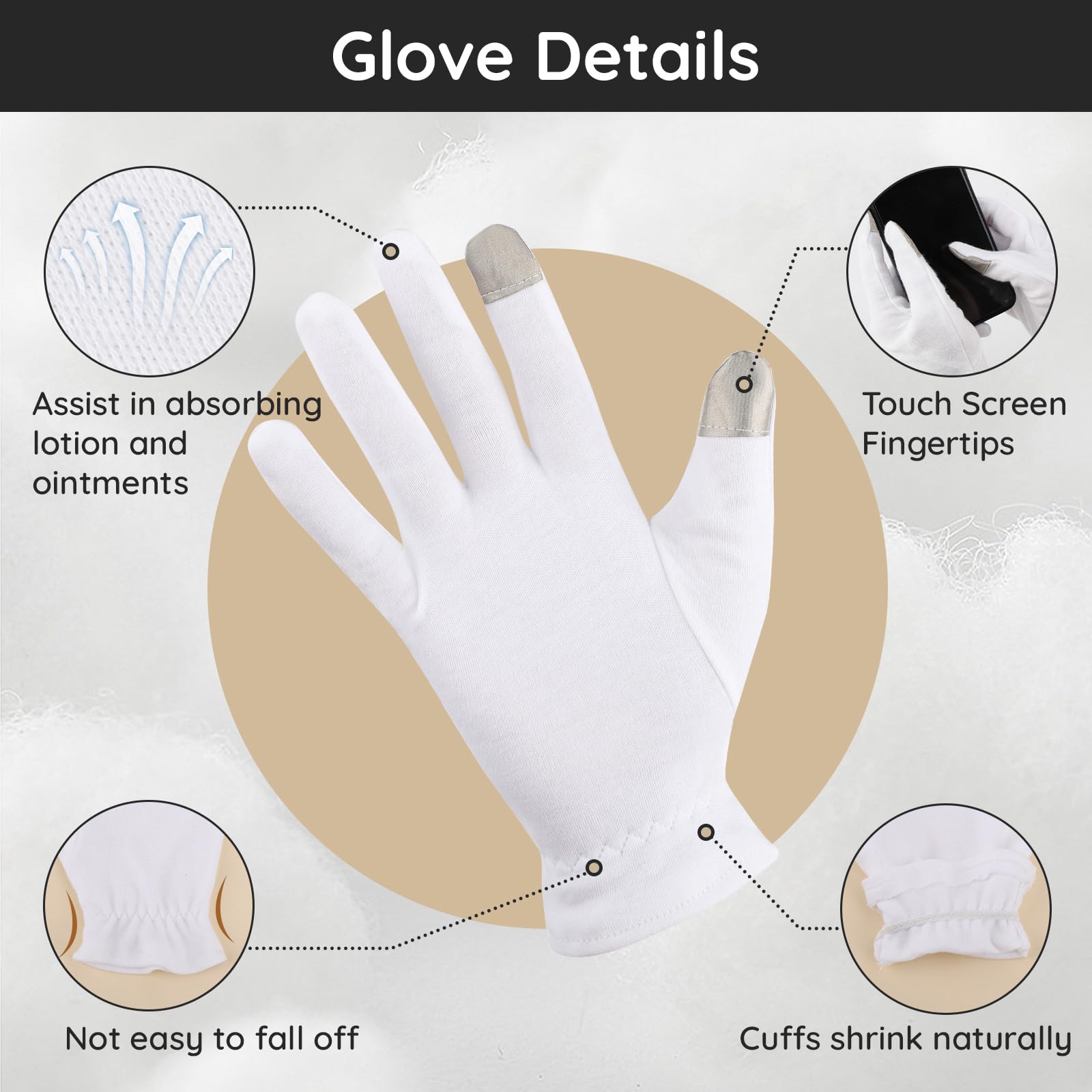 Segbeauty Guanti Cotone, 4 Paia Guanti Idratanti di Touch Screen, per Dermatiti, Crema Mani Notte, Morbidi e Riutilizzabili, Donne e Uomini (M)