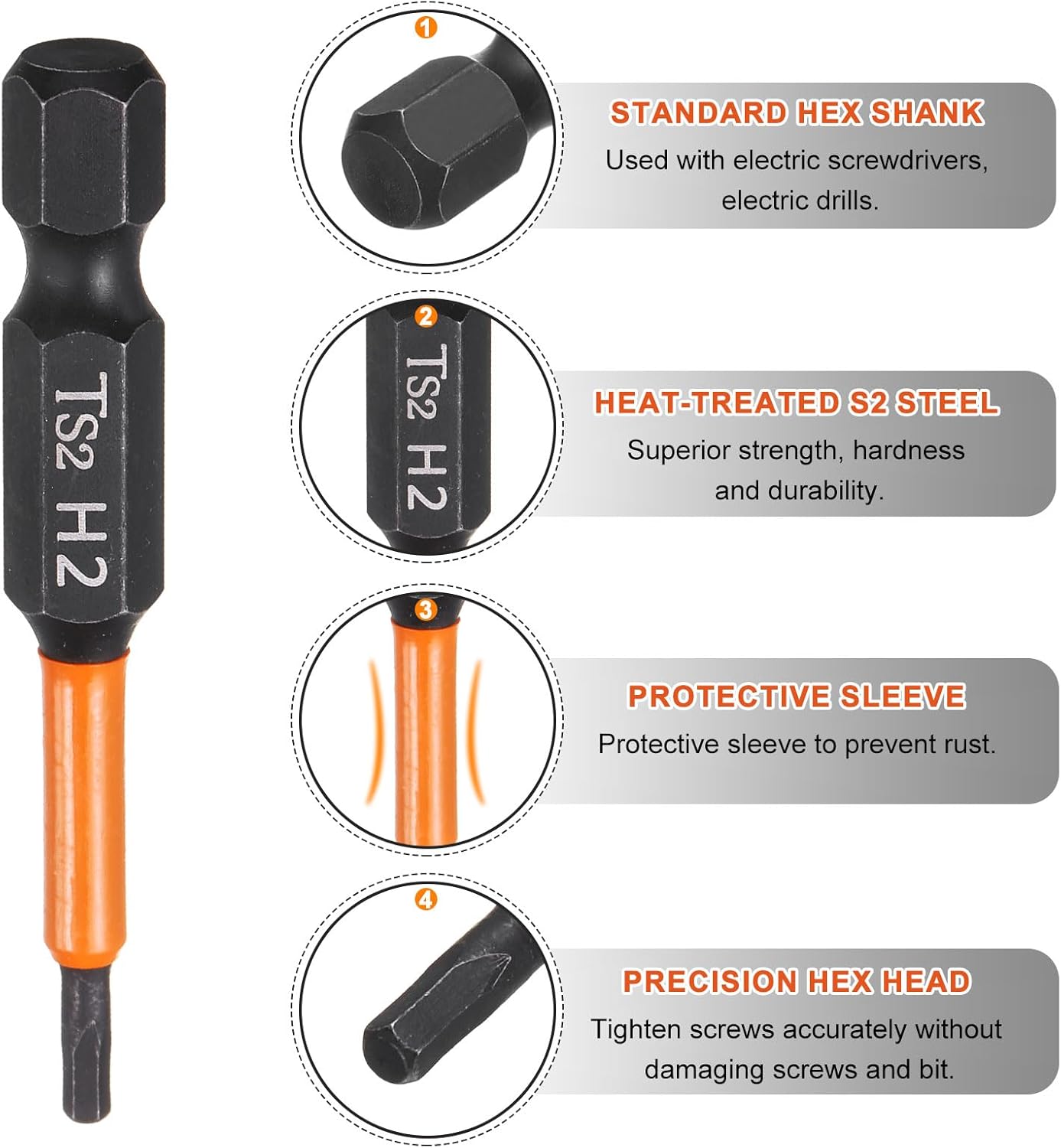 HARFINGTON 4pcs H2 Hex Head Drill Bit Wrench 2mm Metric Flat Tip 1/4" Hex Shank 50mm (2") Long Magnetic Black Phosphate Hexagonal Screw Driver Socket Industrial Screwdriver Power Bits