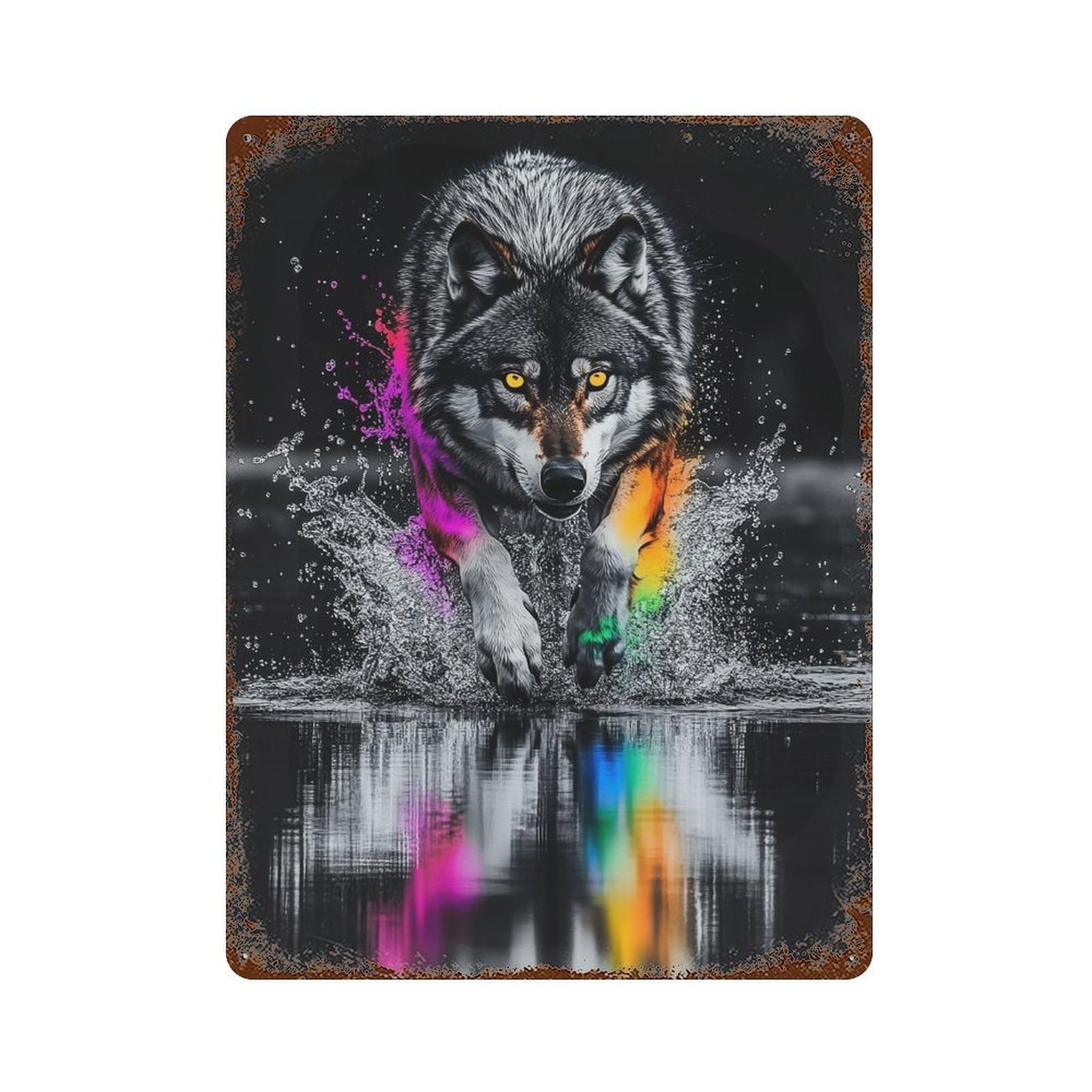 Wolf in Water Reflection Rusty Metal Tin Sign 15.7"x11.8", Ideal for Farmhouse, Kitchen And Entryway Decor