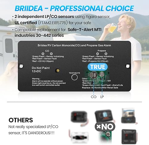 Miniatura 3 de briidea - Alarma de monóxido de carbono y gas propano para vehículos recreativos, alarma dual LPCO con luz indicadora LED separada, alerta fuerte de