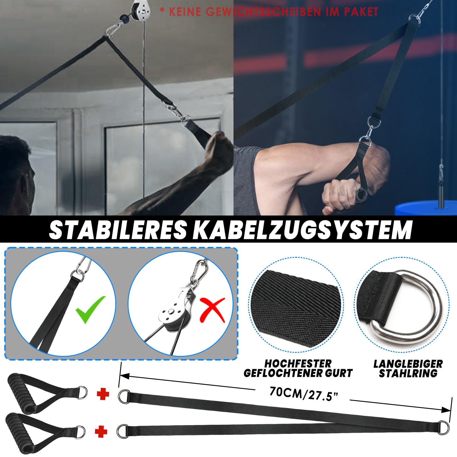 Kabelzug Fitness Trizeps Trainingsgerät, Bizeps Kabelzug Latzug Geräte mit Griff Gerader Stange Latzugturm Kabelturm Fitnessgeräte Kraftstation Home Gym Workout Pulley System Set für Zuhause