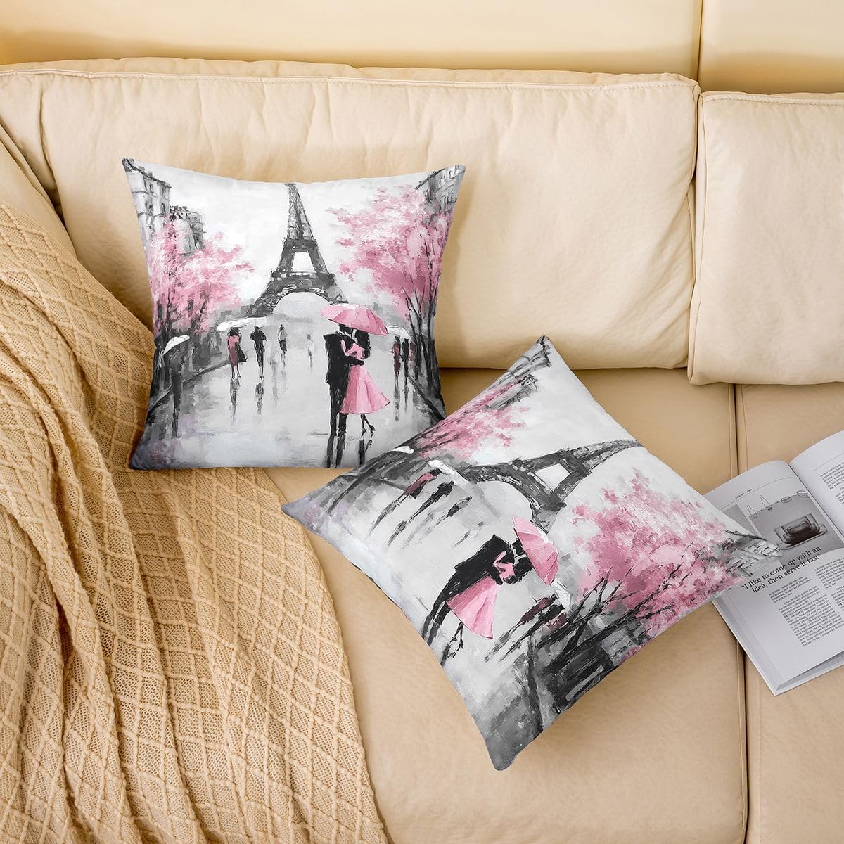 Paris Throw Pillow Covers, French Eiffel Tower Pillow Covers For Home Bed Sofa Couch, Retro Paris Themed Cushion Covers Watercolor Cherry Blossoms Decorative Pillow Covers, 24x24 Set of 2, Pink Grey