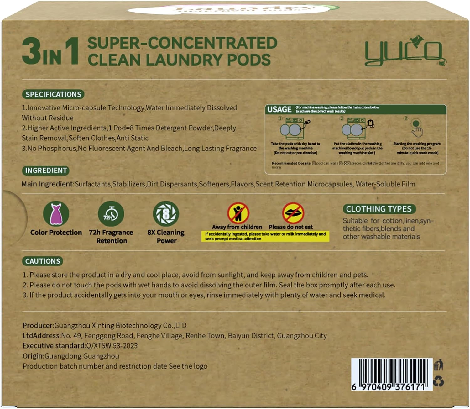 YUCO Pods Laundry Detergent Hypoallergenic, 3IN1 Super Cleaning Power, Microcapsule Fragrance Retention Technology (Forest Scent,1 Box of 32 Pod,Net 15g/pod,Net 480g) image 2
