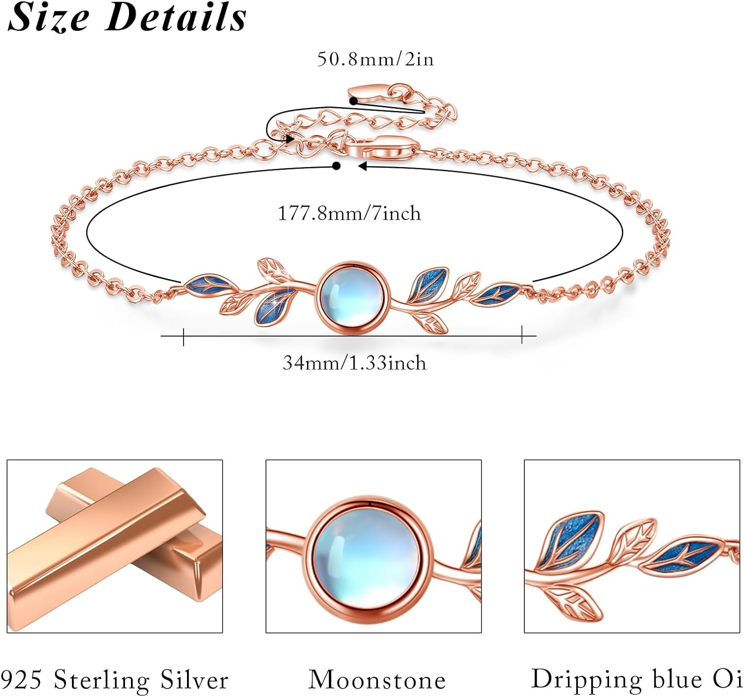 CUOKA MIRACLE Rose Gold Leaf Moonstone Bracelet S925 Sterling Silver Moonstone Bracelets For Women Rose Gold Olive Leaf's Bracelet Moonstone's Leaf Jewelry Gifts For Women Mother’s Day Jewelry Gifts - Image 4