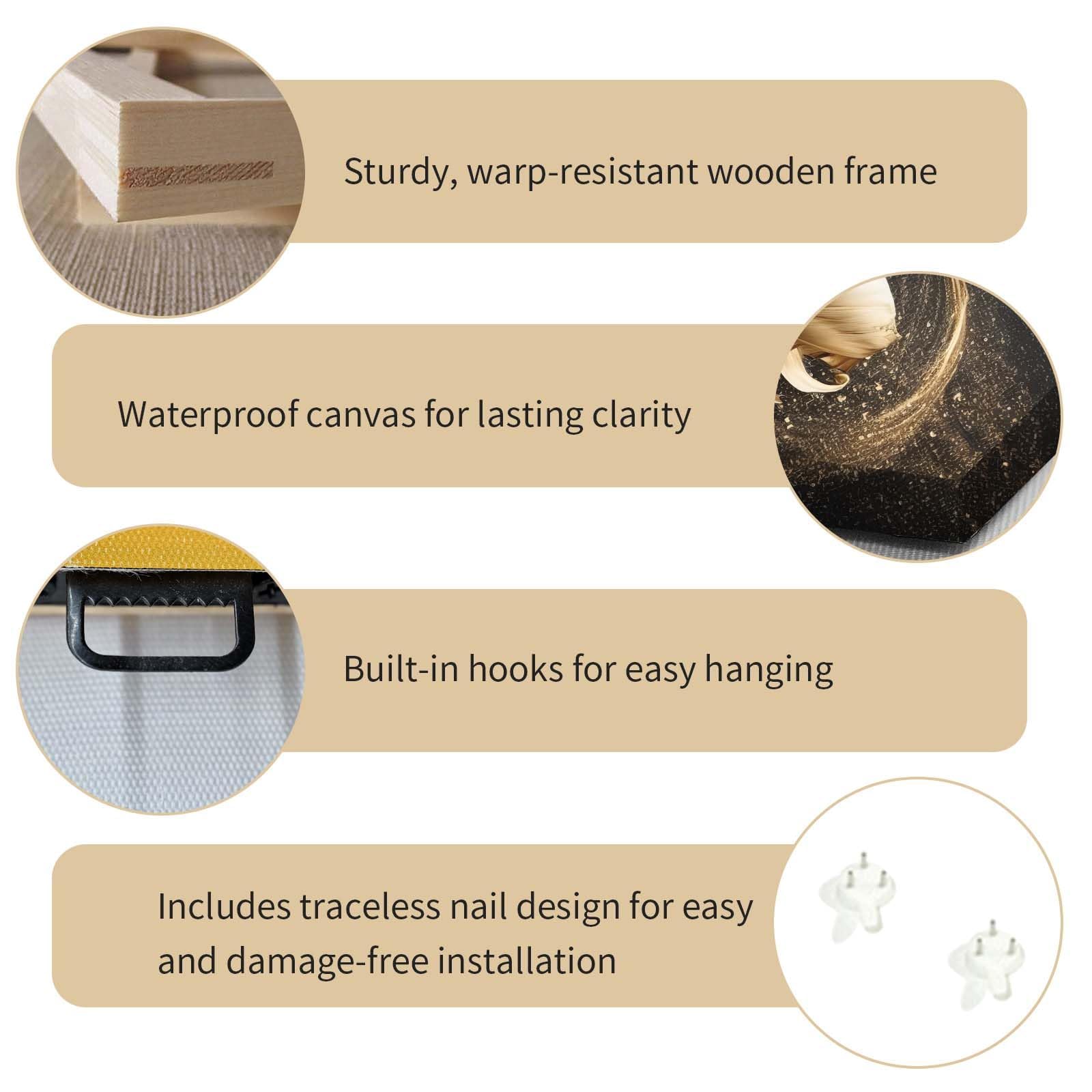 Qiukoo Framed Canvas Wall Art – Gold and Black Feather Heart Artwork, Waterproof Modern Print with Hook, Wall Decoration for Living Room or Bedroom, Elegant Pictures for Bedroom Walls – 12x16 Inch — view 7