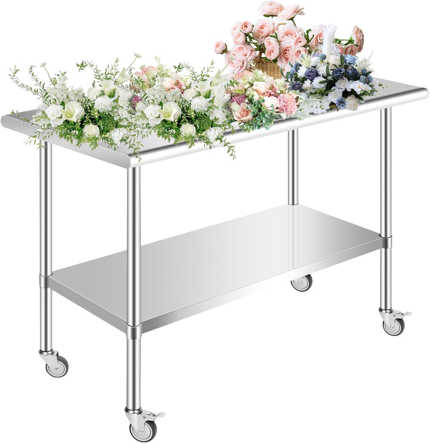Stainless Steel Table with Wheels 48 x 24 Inches Casters Heavy Duty Commercial Work & Prep Table with Undershelf for Restaurant Kitchen Bar and Hotel Garage