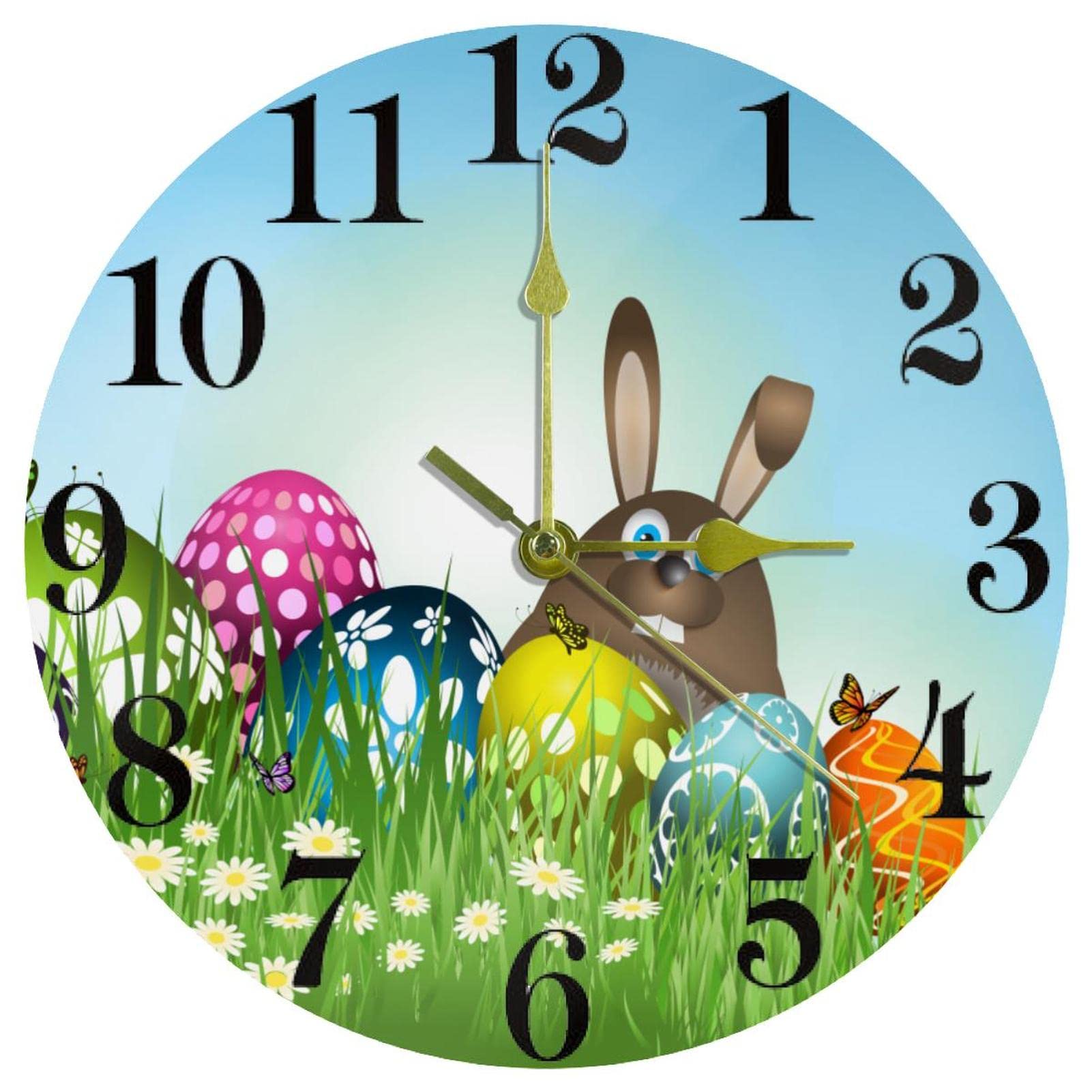 Horloge murale lapin de Pâques ronde à piles pour cadeau de maison