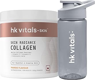 hk vitals Skin Radiance Marine Collagen Supplement(Mango, 200g) & Sipper Bottle (Gery, 300ml) Combo Pack | With Vitamin C & E, For Healthy Skin, Hair & Nails