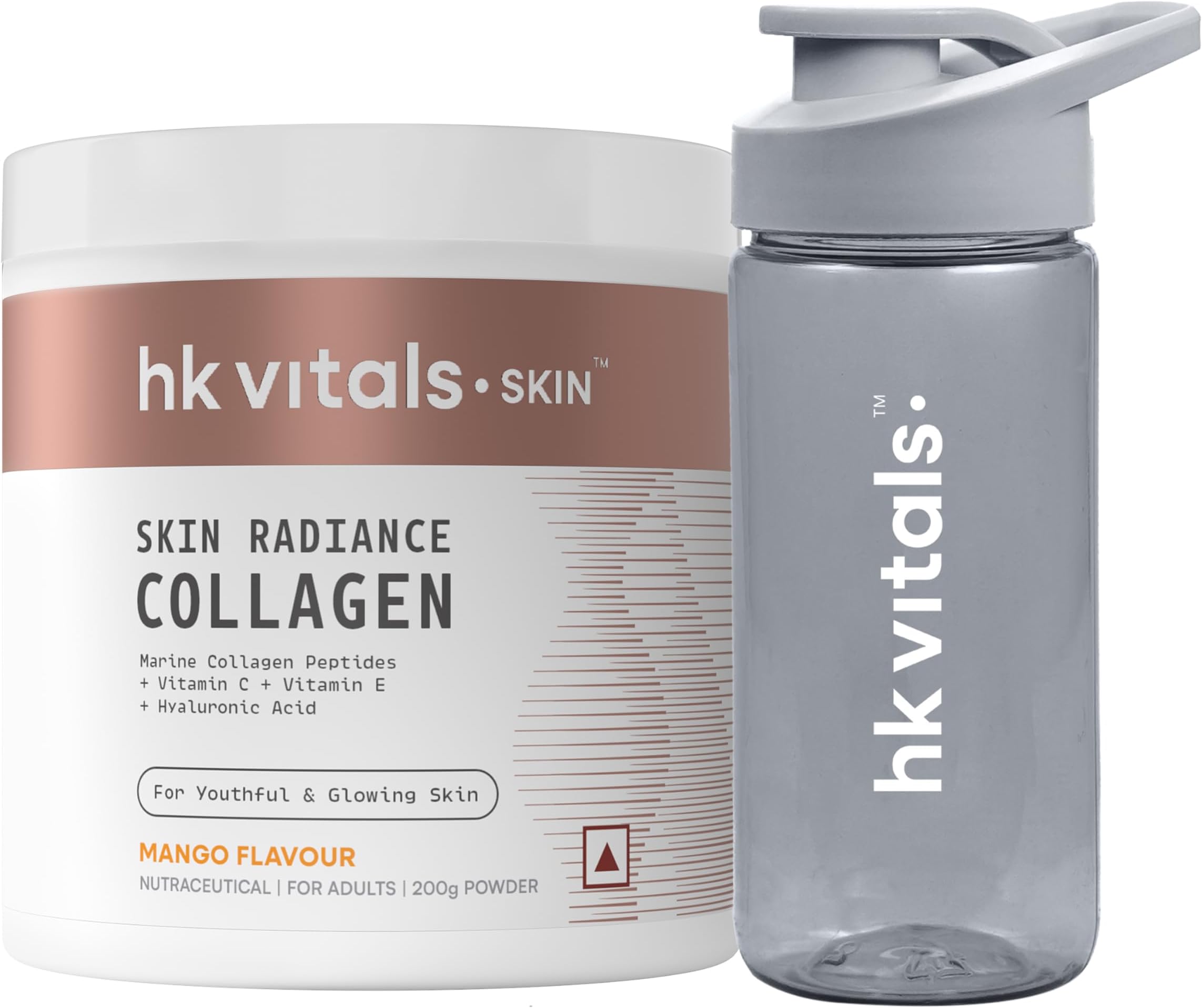 Skin Radiance Marine Collagen Supplement (Mango, 200g) & Sipper Bottle (Gery, 300ml) Combo Pack | With Vitamin C & E, For Healthy Skin, Hair & Nails