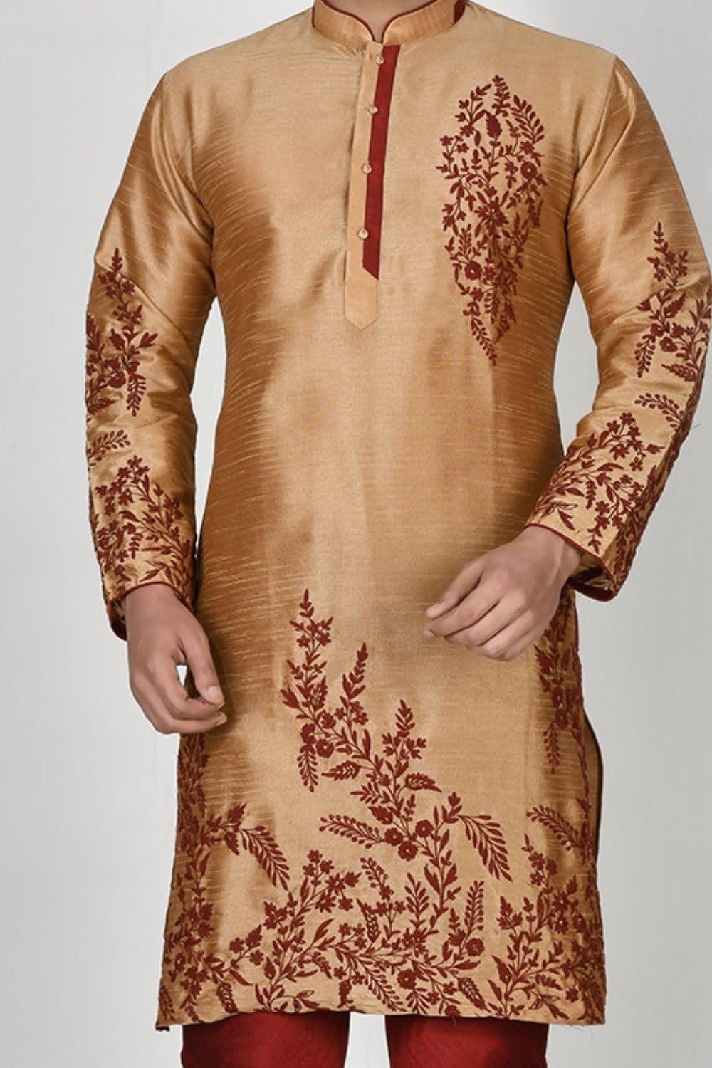 RANAK Rose Gold Dupion Silk Kurta Pajama for Men | Resham Embroidery | Elegant Ethnic Wear for Wedding Guests (VLSMKP364_RG Size - 36) 4