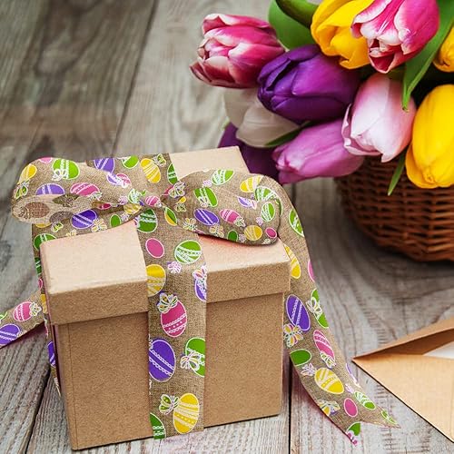 Miniatura 5 de 2 rollos de cinta de Pascua con borde con alambre de 10 yardas, lazos de arpillera de puntos blancos y morados de 2.5 pulgadas para corona, huevos