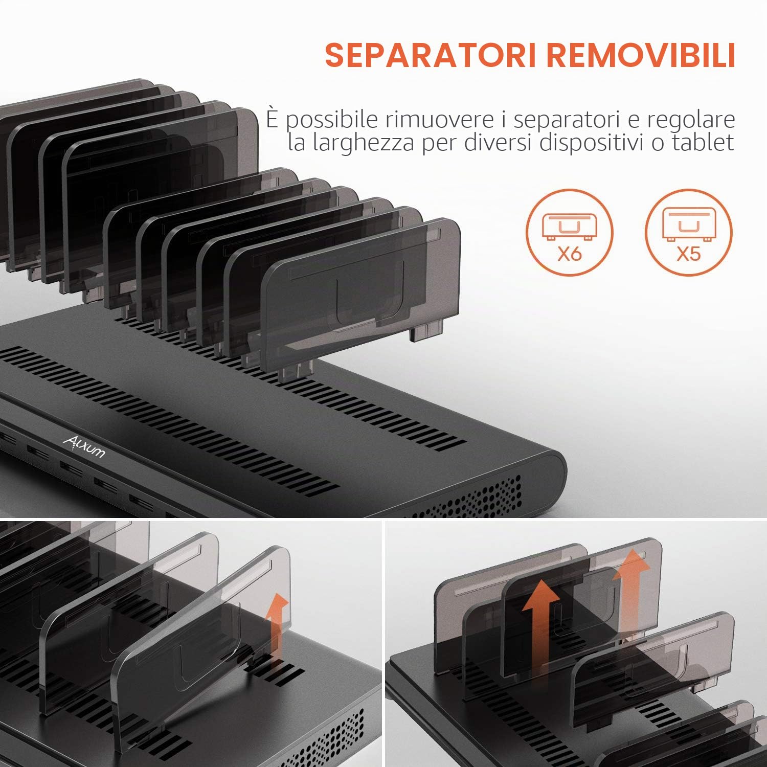 Alxum Stazione di Ricarica 10 Porte Caricatore Multiplo Cellulari, 60W Tavoletta Caricatore USB Multiplo Base Ricarica Carica Fino a 8 Telefoni, Nero