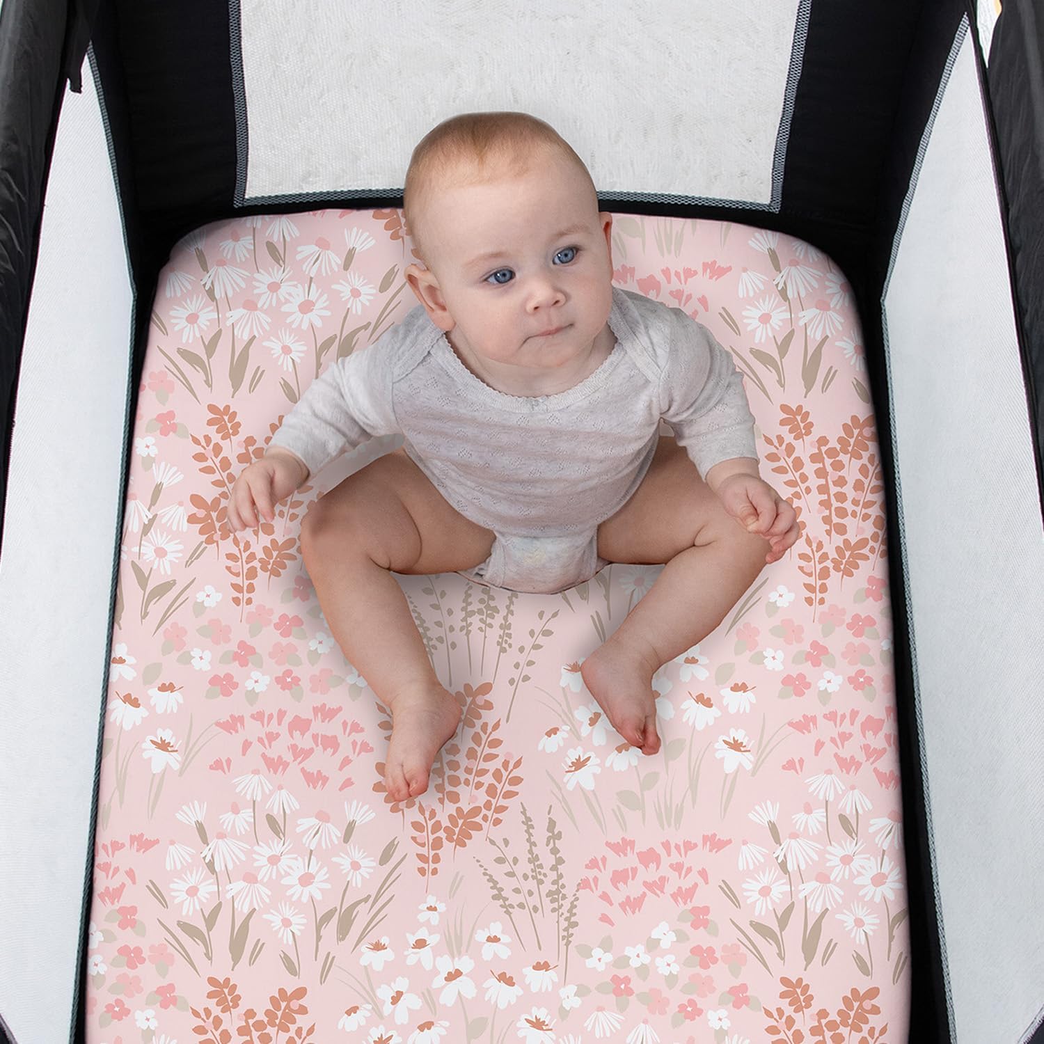 The Peanutshell 3 Pack and Play Crib Sheets Fitted - Universal Pack N Play Sheets for Pack and Play Mattress, Soft & Breathable Playard Bedding for Graco, Mini Crib Sheets Girl Fitted, Pink Floral