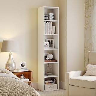 SiliBamb Narrow Bookshelf, 6-Tier Open Bookcase, Coner Shelf, Storage Shelves, Display Storage Shelves, Floor Standing Unit, Home Decor, Furniture for Home Office, Living Room, Bedroom, White