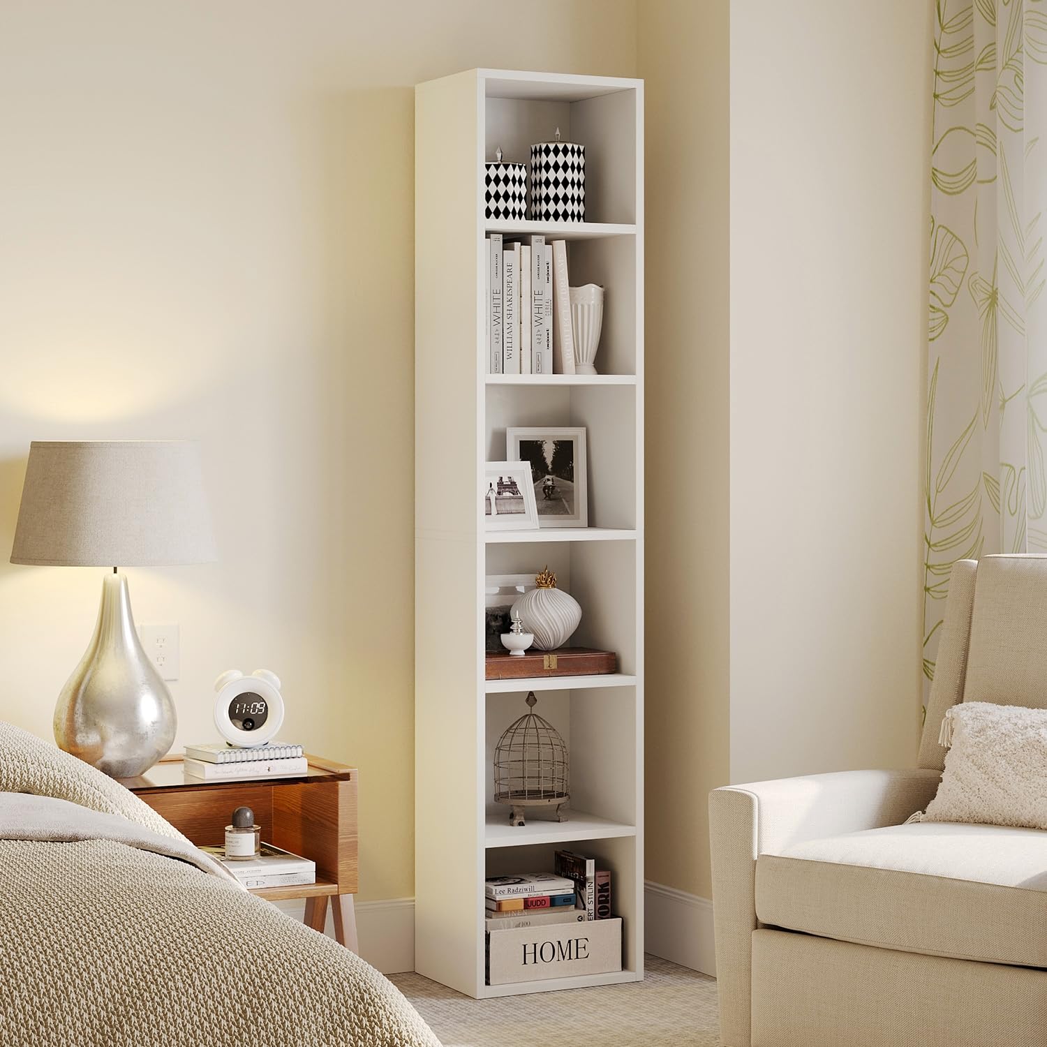 oneinmil Libreria Stretta Alta 6 Ripiani, Scaffale a Colonna con Cubi Portatutto, Design Moderno per Soggiorno, Camera da Letto, Ufficio Domestico, 30 x 23.5 x 181 cm, Bianco