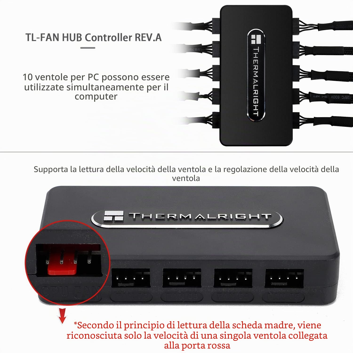 Thermalright FAN HUB Controller REV,controller di ventole per PC a 10 porte e 4 pin, Fan Hub a 12 V, pasta forte + aspirazione magnetica, ingresso diretto del cavo di alimentazione SATA