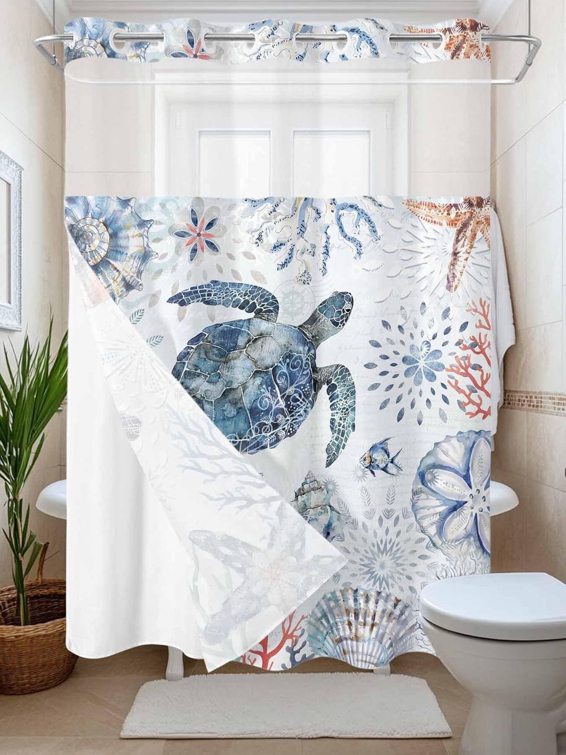 No Hook Shower Curtain with Snap in Liner, Sea Turtle Blue Ocean Shell Starfish Waterproof Bath Curtain Double Layers with See Through Top Window, Coral Marine Life Hotel Shower Curtains
