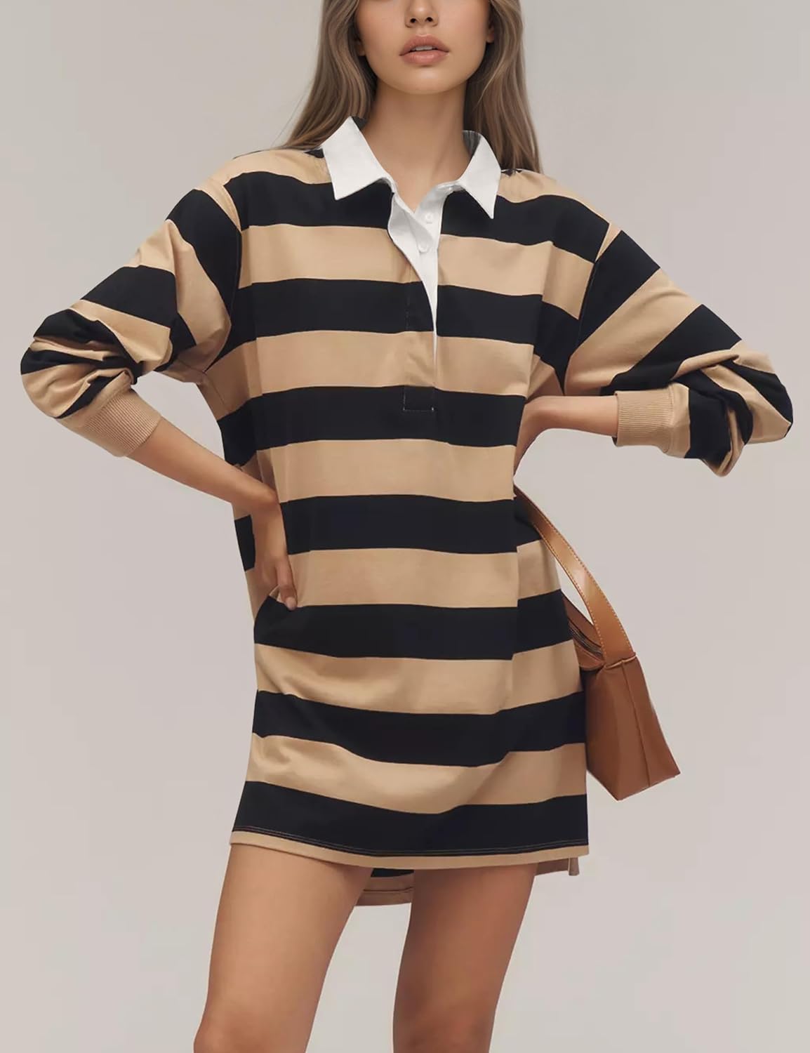 Women Striped Mini Dresses Long Sleeve Lapel Button V Neck Polo Shirt Dress Color Block Tunic Sweatshirts Pullovers Brown - Image 3