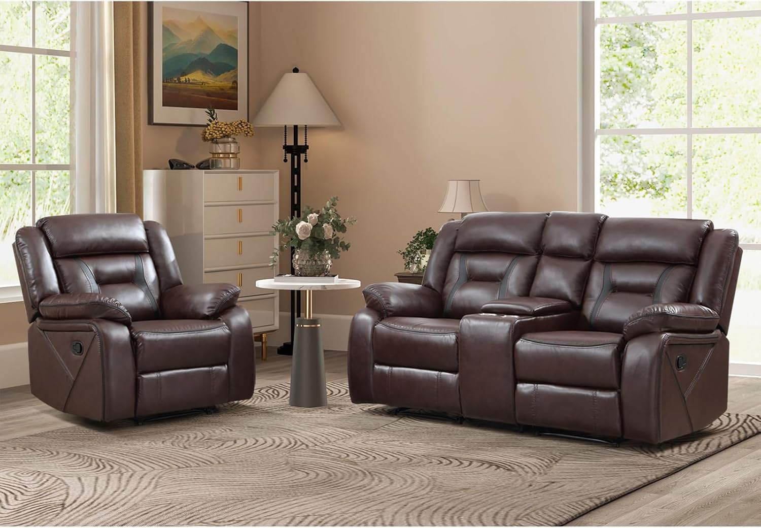 EBELLO Manual Recliner Sofa Set, Faux Leather Reclining Living Room Furniture Set, Included Single Recliner Chair and Manual Loveseat Sofa, Dark Brown