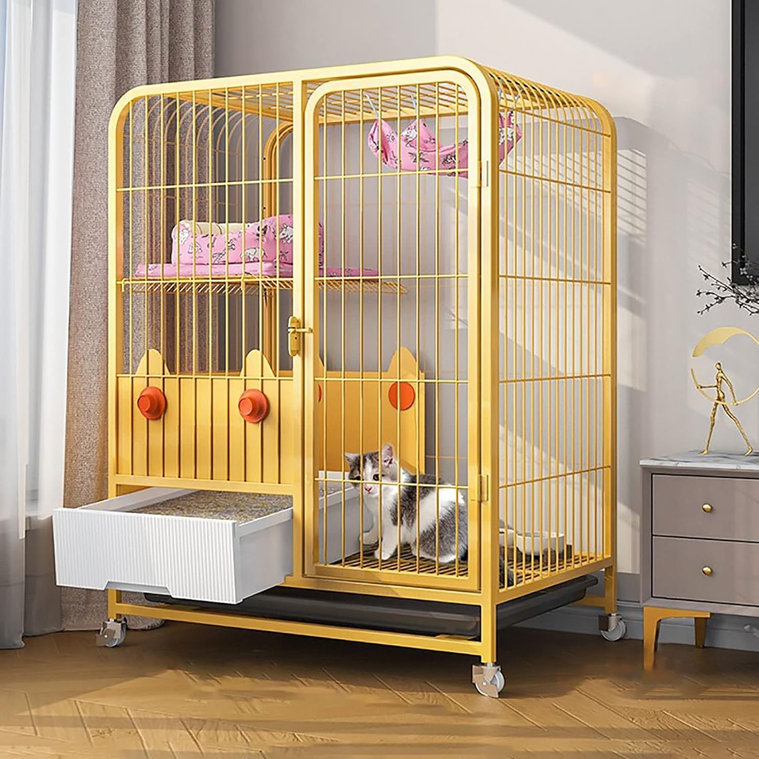asdchZen Cat House Indoor Cat Cage With Litter Box - Large Cat Cages Cat Crate Cat Playpen With Wheels Metal Kitten Cage,White/Yellow For Cat And Small Animals,Yellow-78x55x100cm