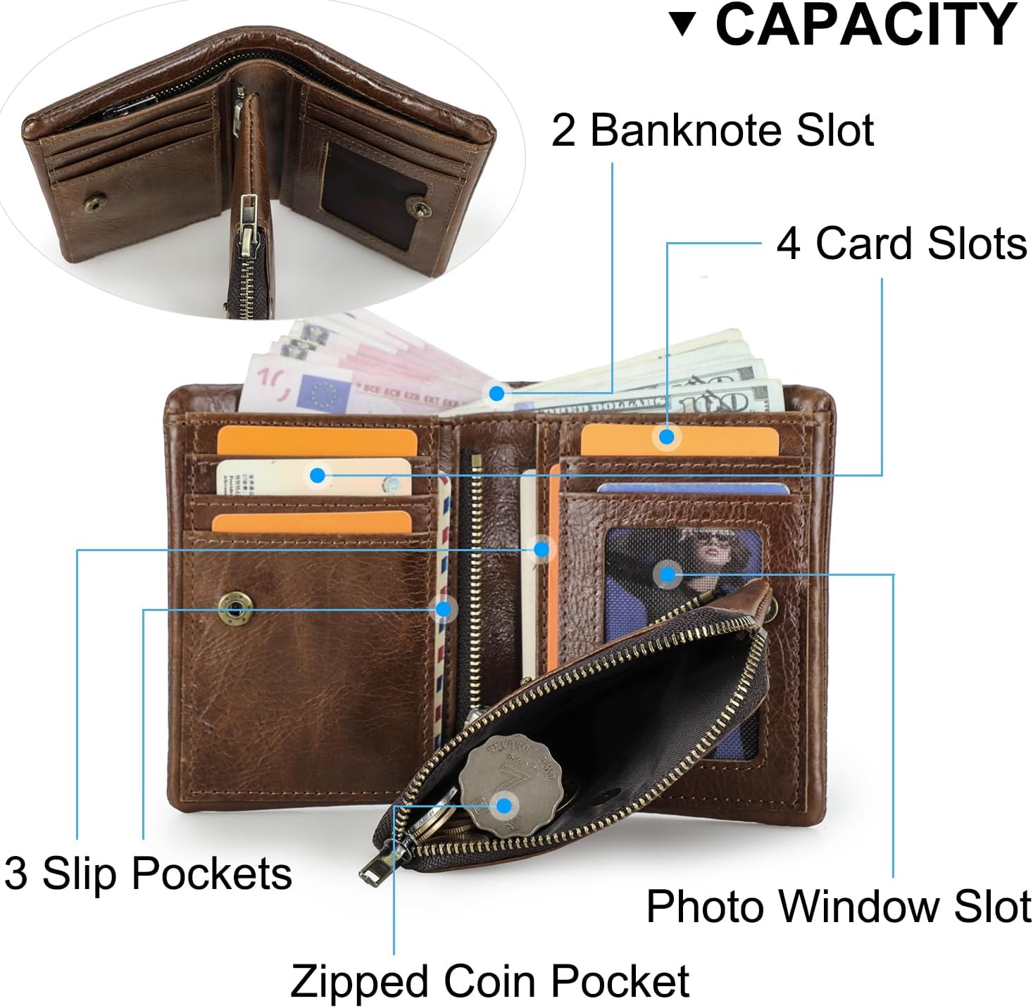 Contacts Mens Trifold Wallet Detachable Zip Coin Pocket RFID Blocking Leather Purse Zip Multi Credit Card Organizer with 7 Card Slots 1 Photo Window