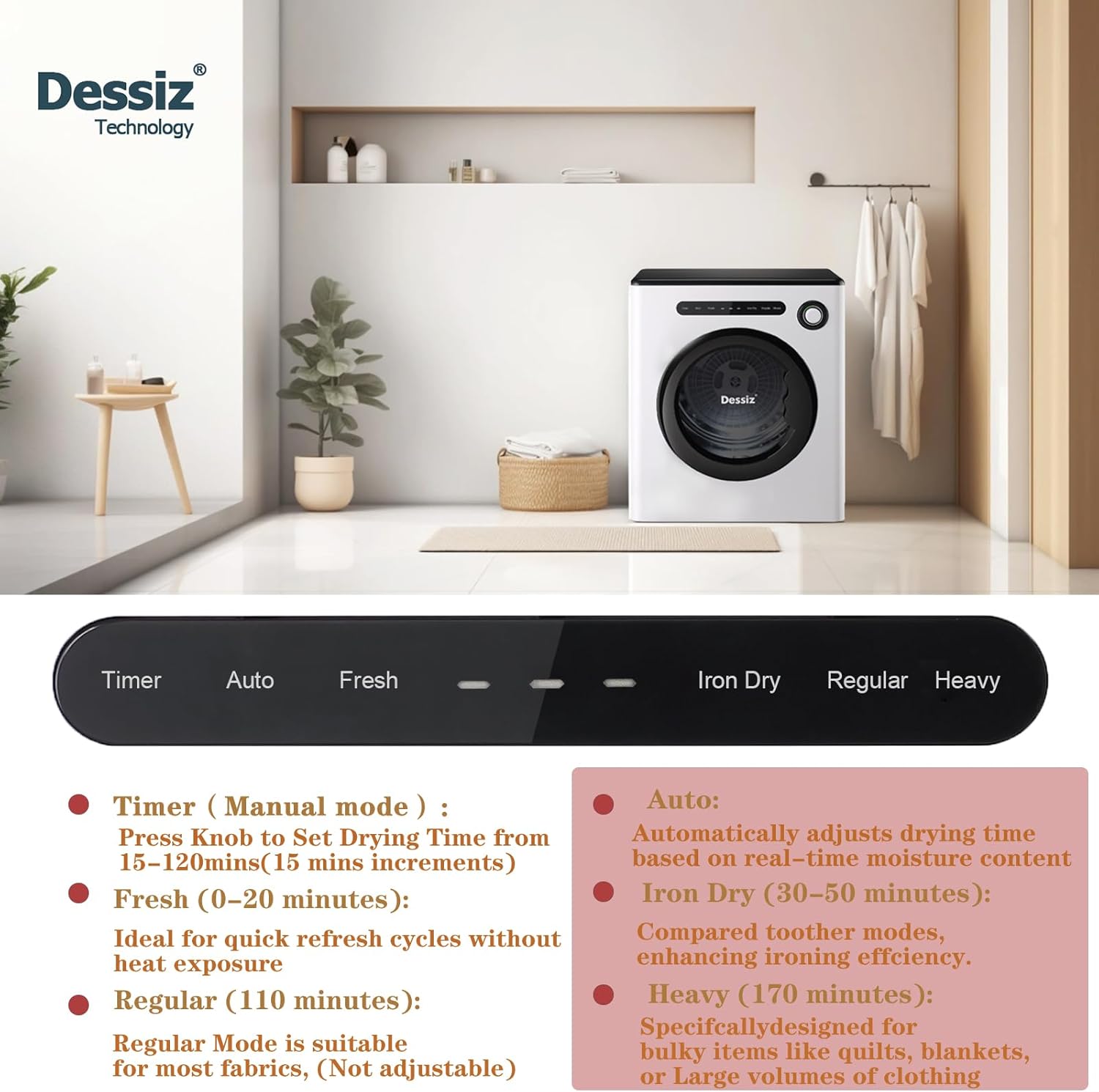 Dessiz dryer control panel showing Timer, Auto, Fresh, Iron Dry, Regular, and Heavy modes