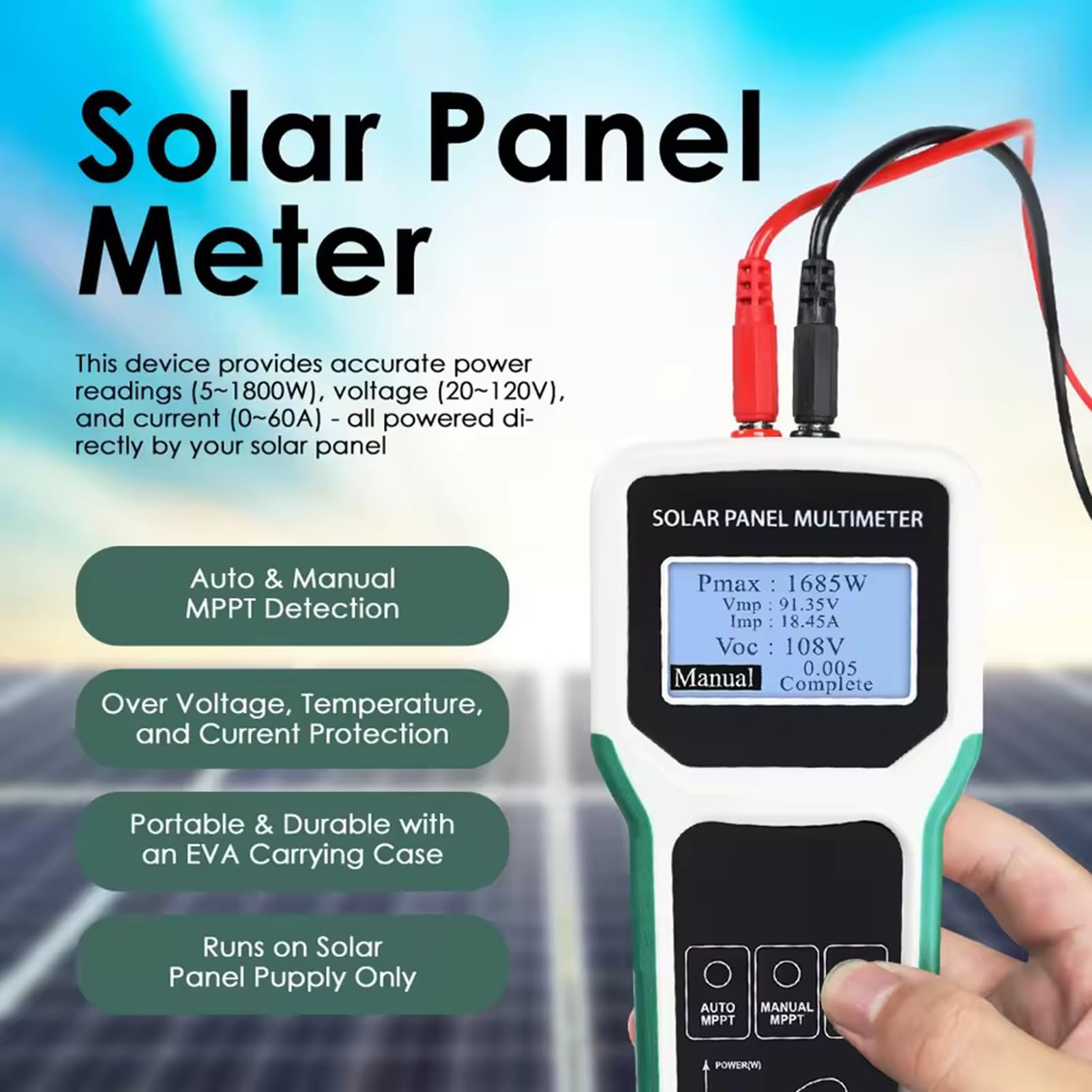 Tester paneli słonecznych 1800 W Miernik MPP Multimetr fotowoltaiczny do pomiaru napięcia w obwodzie otwartym panelu fotowoltaicznego i rozwiązywania problemów Wiele zabezpieczeń
