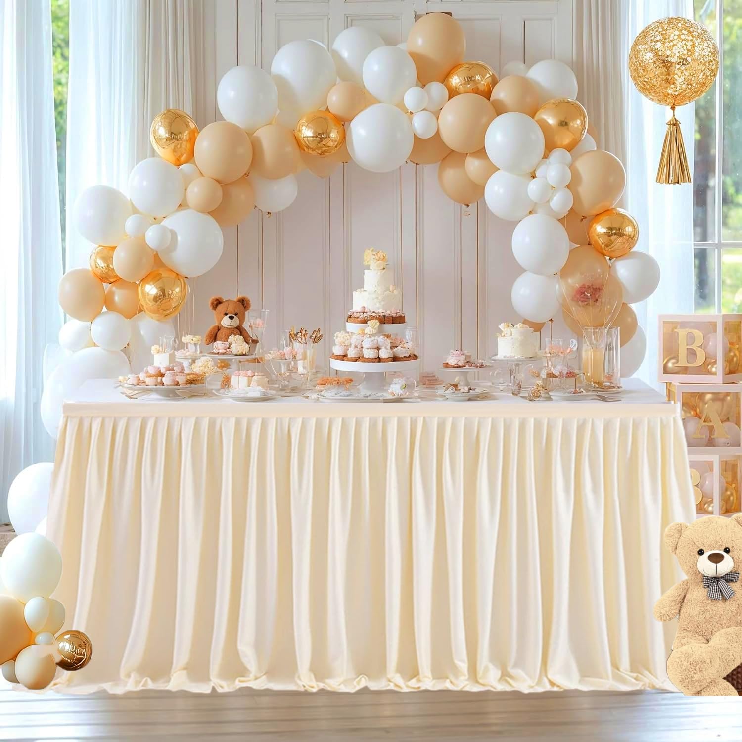 Albass Beige Table Skirt for Rectangle Table 14ft Polyester Table Cloth Wrinkle Resistant Tablecloth with Ruffle for Banquet, Wedding, Baby Shower,