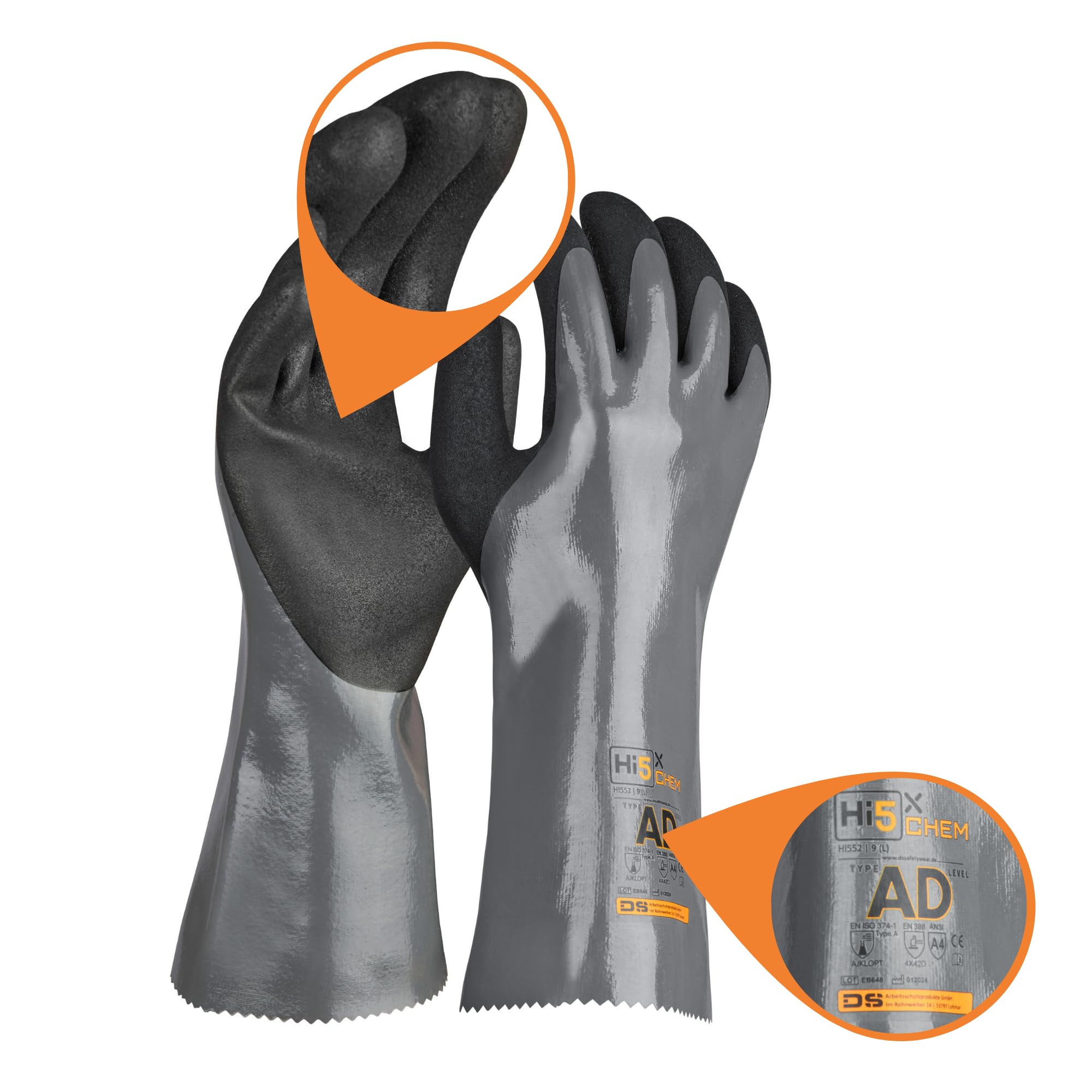 Hi5 X-Chem Chemikalienschutzhandschuhe 4X42D – Typ A AJKLOPT – Nitril sandig-rau – schnittfest Level D – EN 374-1 – EN 388 – grau/schwarz (L, 72, stück)
