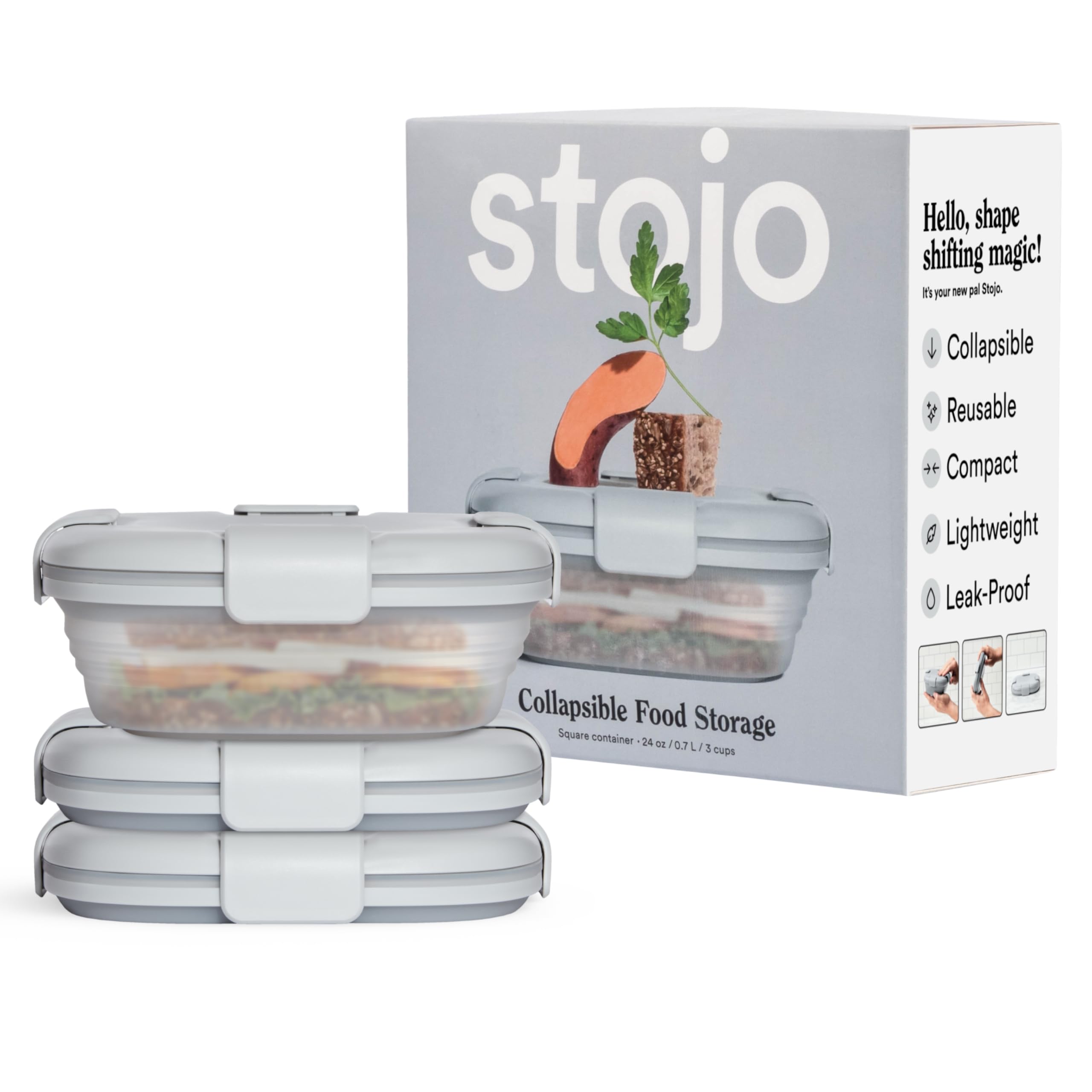 STOJO Collapsible Sandwich Box – 24oz, Reusable Food Storage Container, Silicone Bowl for Hot/Cold Food – Meal Prep, Lunch, Camping, Hiking – Dishwasher Safe (Set of 3, Translucent Cashmere)