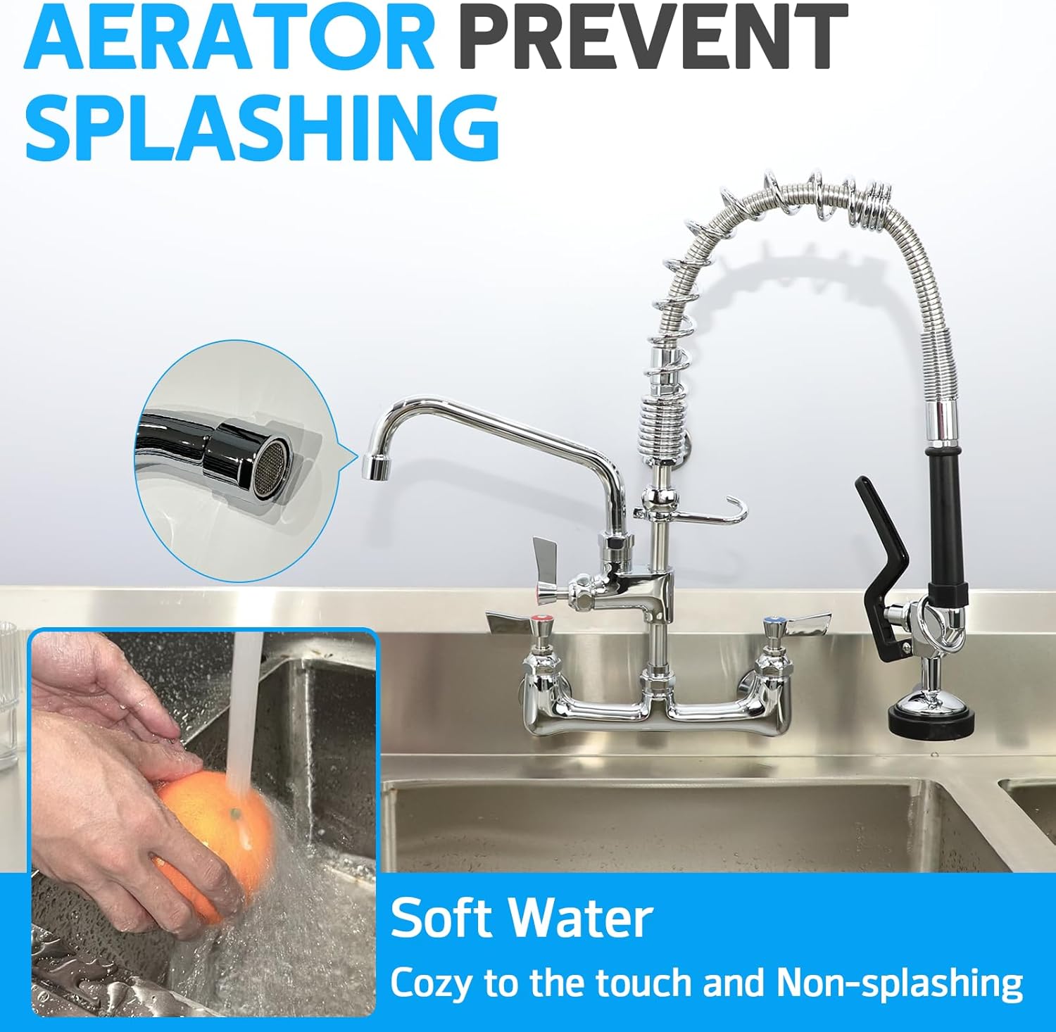 20" Commercial Wall Mount Kitchen Faucet with 8" Spout & Pull-Down Pre-Rinse Sprayer, 8" Centers, Dual Function for Compact Sinks, Polished Chrome, Solid Brass Build