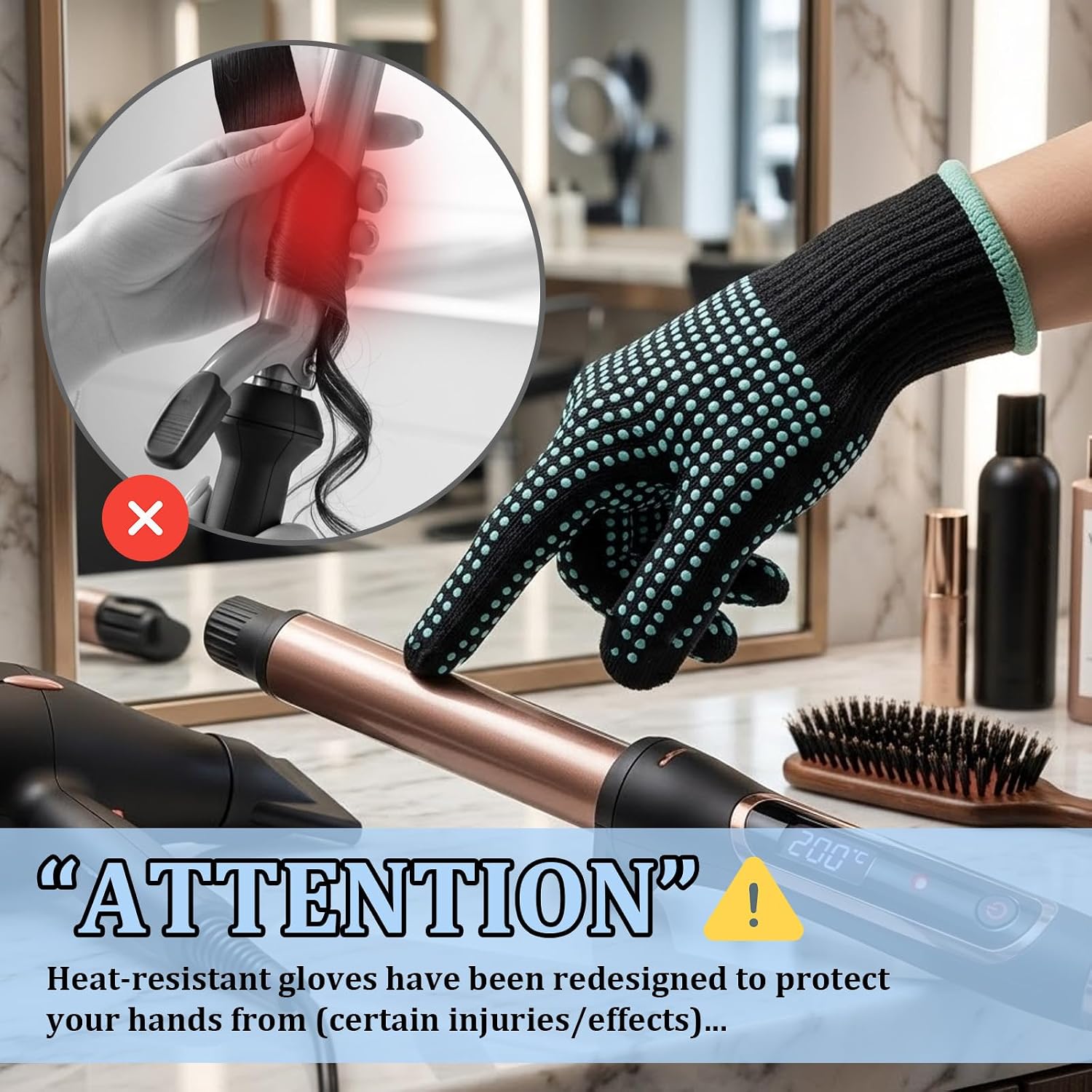 2Pcs Professional Heat Protection Gloves for Hair Styling, Heat Resistant Gloves for Sublimation, Heat Resistant Glove With Silicone Bumps for Kitchen & Home Combed Cotton Universal Fit