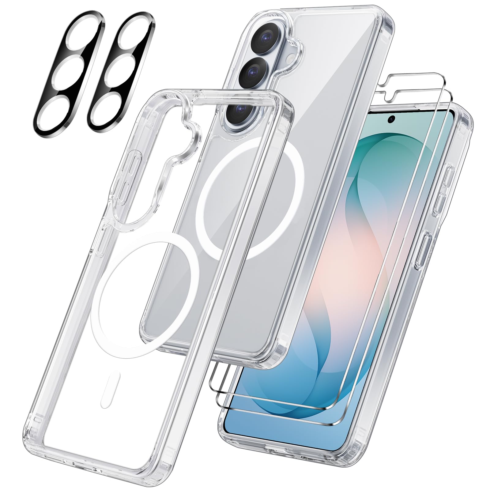 Cover per Samsung Galaxy S26 5G Compatibile con 2 vetri temperati e 2 vetri per fotocamera, Translucent Slim Back PC+TPU Bumper Shockproof Compatible Magnetic Cover - Trasparente