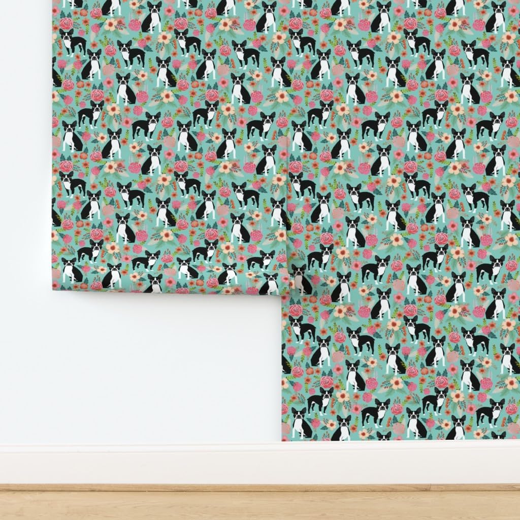 Commercial Grade Wallpaper 27ft x 2ft - Boston Terrier, Vintage Style, Florals, Dogs, Mint Green, Dog, Flower, Puppy Traditional Wallpaper by Spoonflower