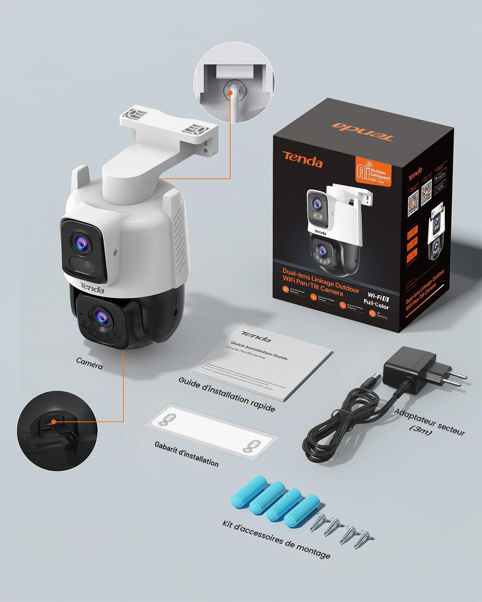 Tenda CH9 Caméra Surveillance WiFi Extérieure Double Objectif 2K+2K, Wi-FI 6 PTZ 360°, Mode Patrouille, Vision Nocturne Couleur, Alarme Sonore/Lumineuse, Détection Humaine/Véhicule, IP65