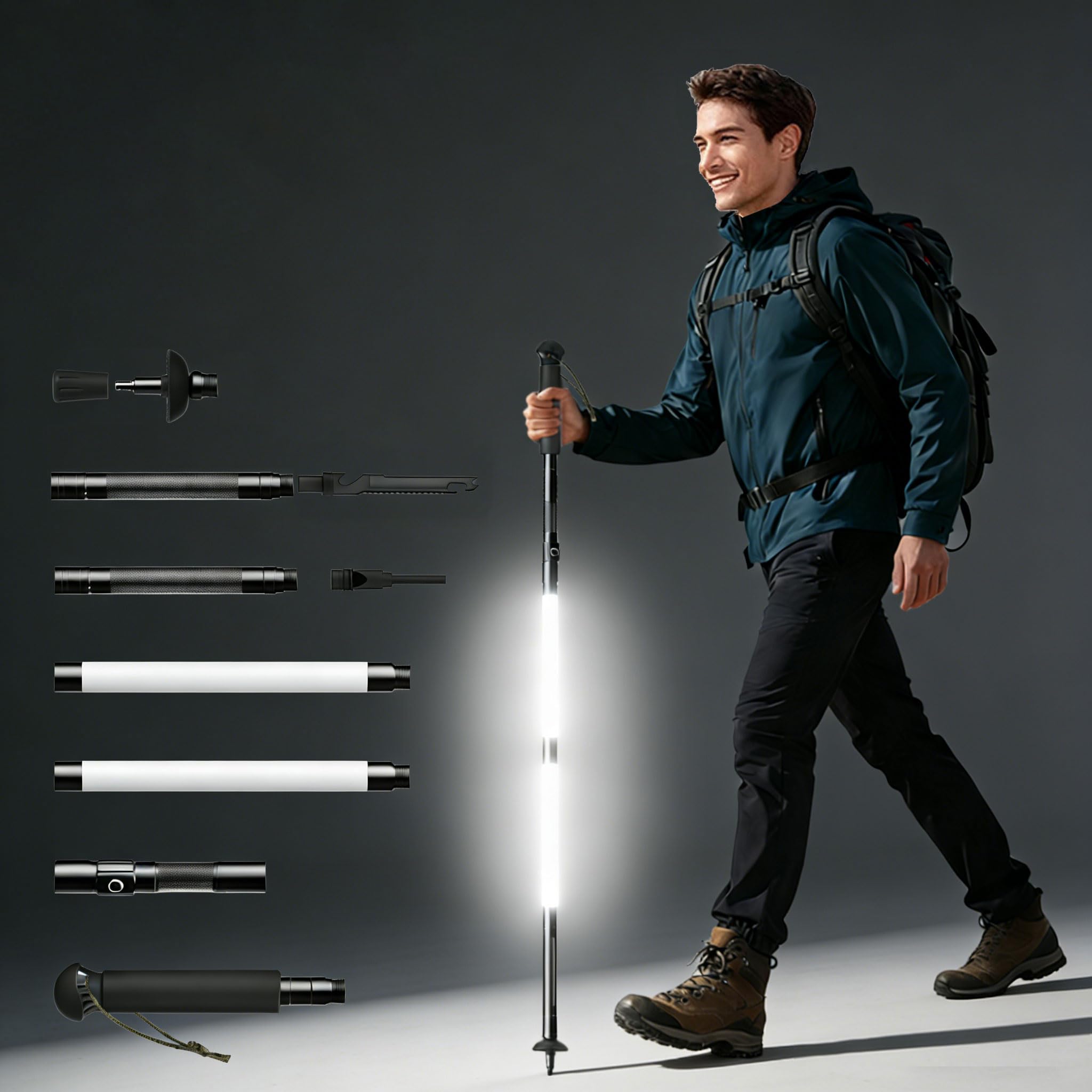 LED Glow Trekking Pole, Glowing Tactical Survival Hiking Stick, Light-up Walking Staff, 6-Section Threaded Adjustable Design for Camping, Survival,Backpacking & Night Hiking