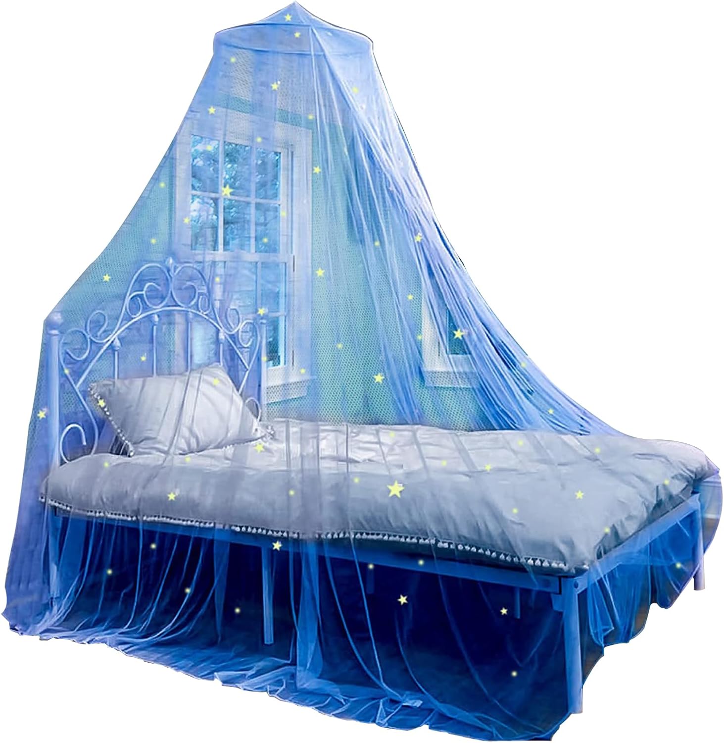 Mesh Bed Canopy, Double Layer Sheer Mesh Dome Bed Curtain, Round Lace Princess Mosquito Net Tent,Bed Canopy for Girls, Princess Bed Canopy Curtain,Blue,60 * 250 * 1100cm