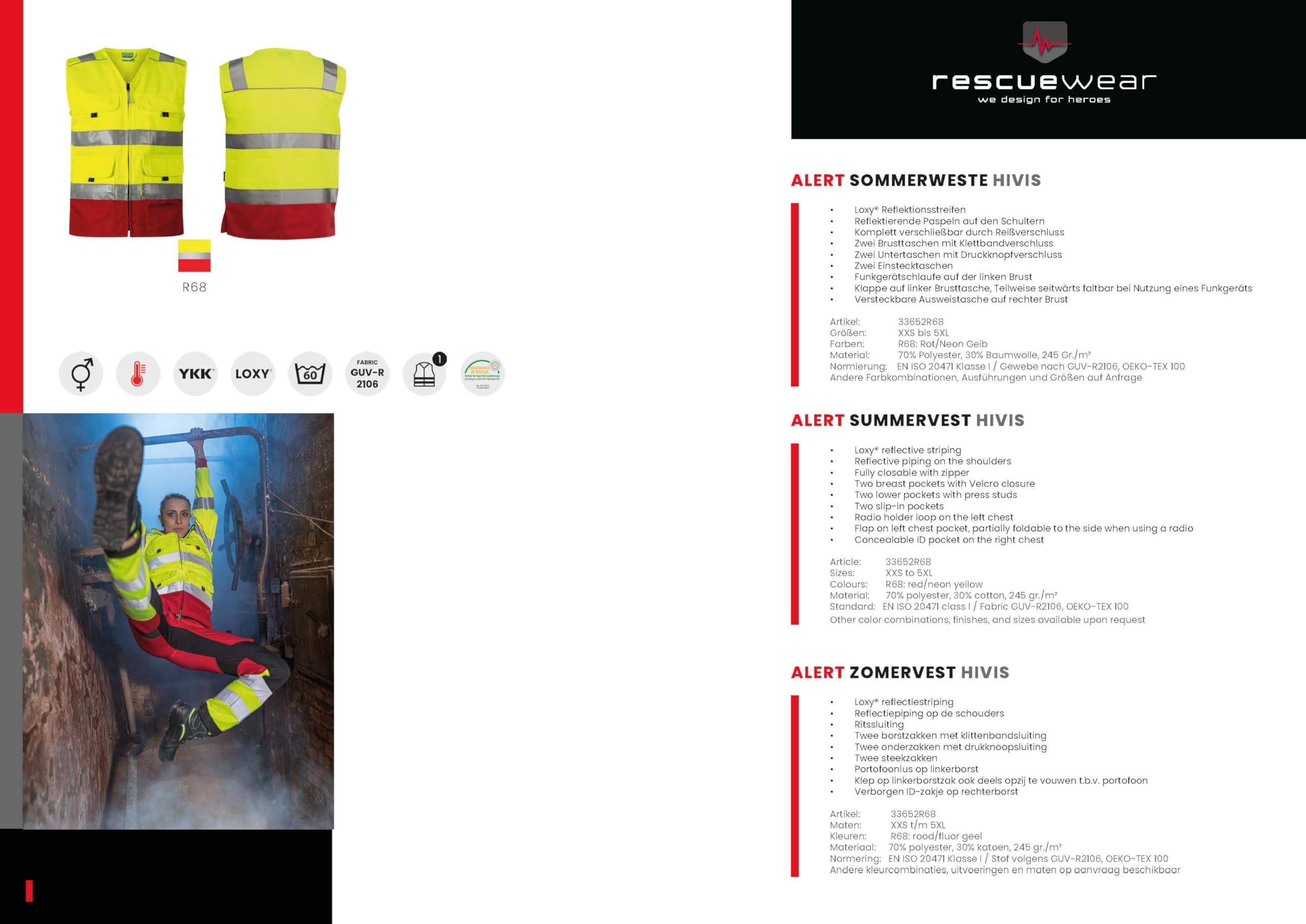 Alert Sommerweste HiVis 33652R68 – Warnweste Rot/Neon Gelb, EN ISO 20471 Klasse 1, Loxy® Reflexstreifen, 70% Polyester / 30% Baumwolle