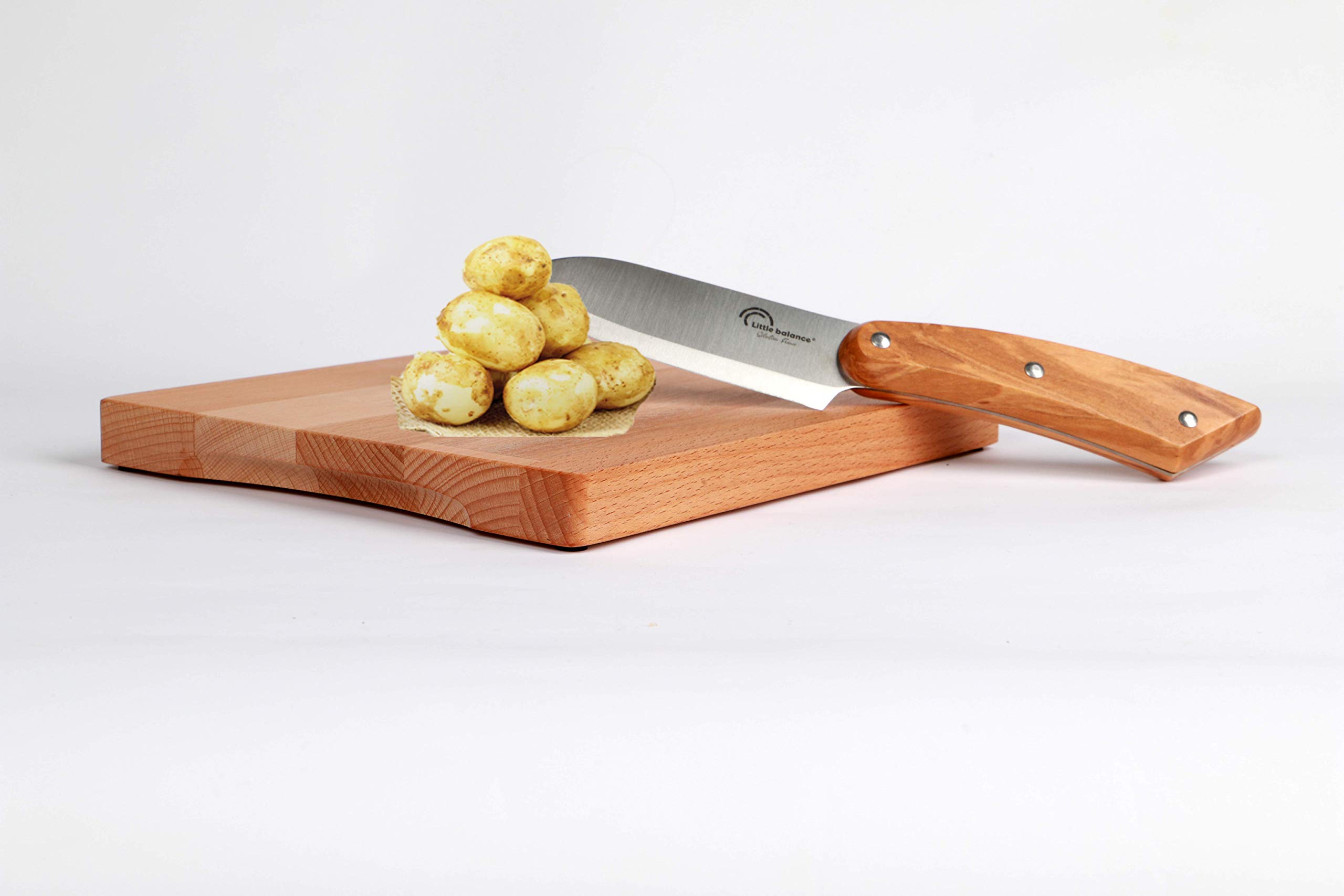 Little balance 8424 - Planche 3 couteaux Santoku - Fabrication 100% française - Set 3 couteaux Santoku, Lame Inox Esprit de Thiers - Manche Bois d'Olivier - Planche à découper