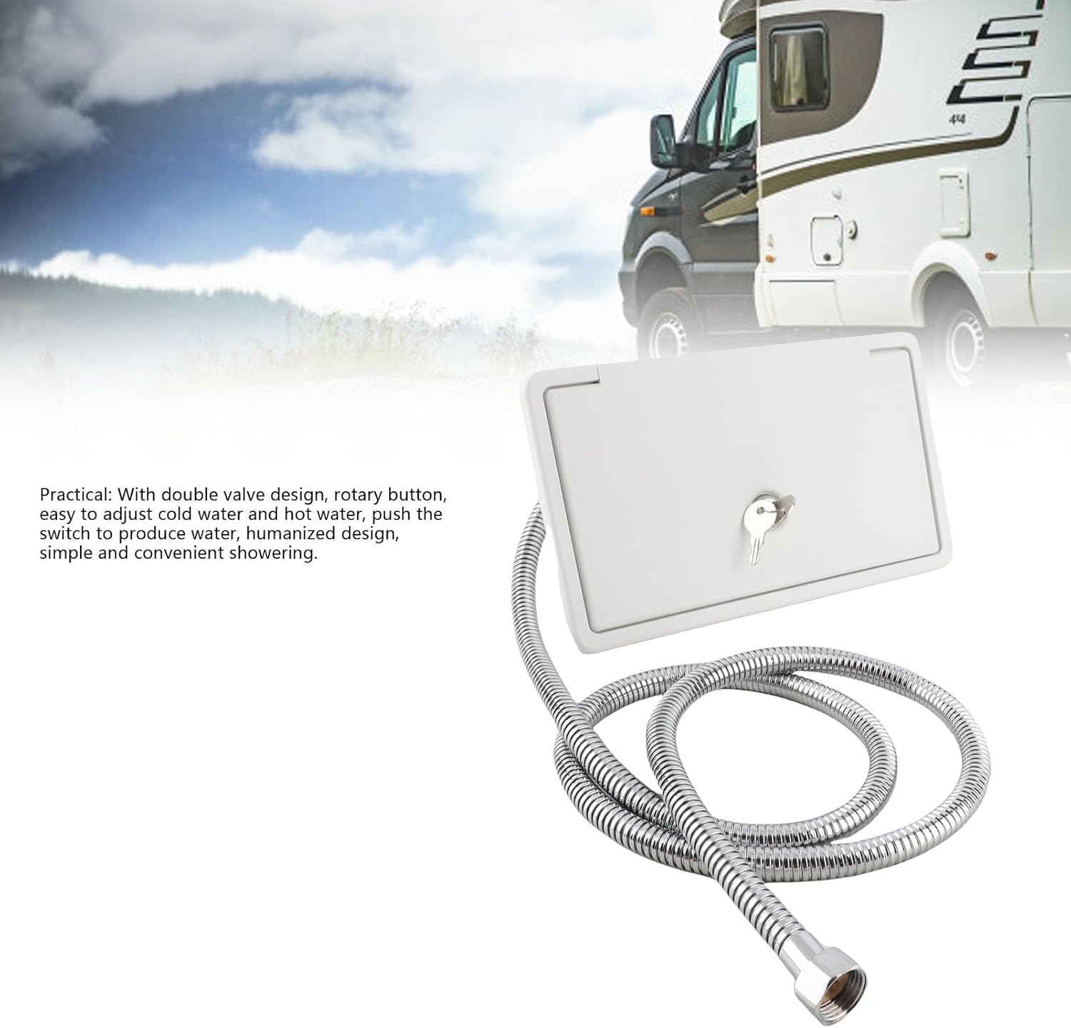 Exterior Shower Box Kit 1.5m Metal Hose Outdoor Washing Spray Box Set for Rv Campervans Trailer Boats Yachts (White with Metal Tubes)