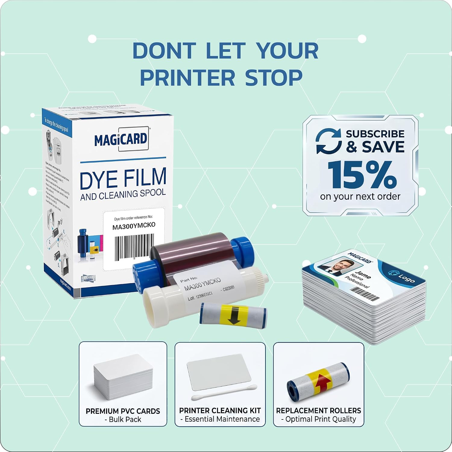 MA300YMCKO x 2 Color Ribbon - YMCKO - 600 Prints with Bodno Premium CR80 30 Mil Graphic Quality PVC Cards - Qty 300