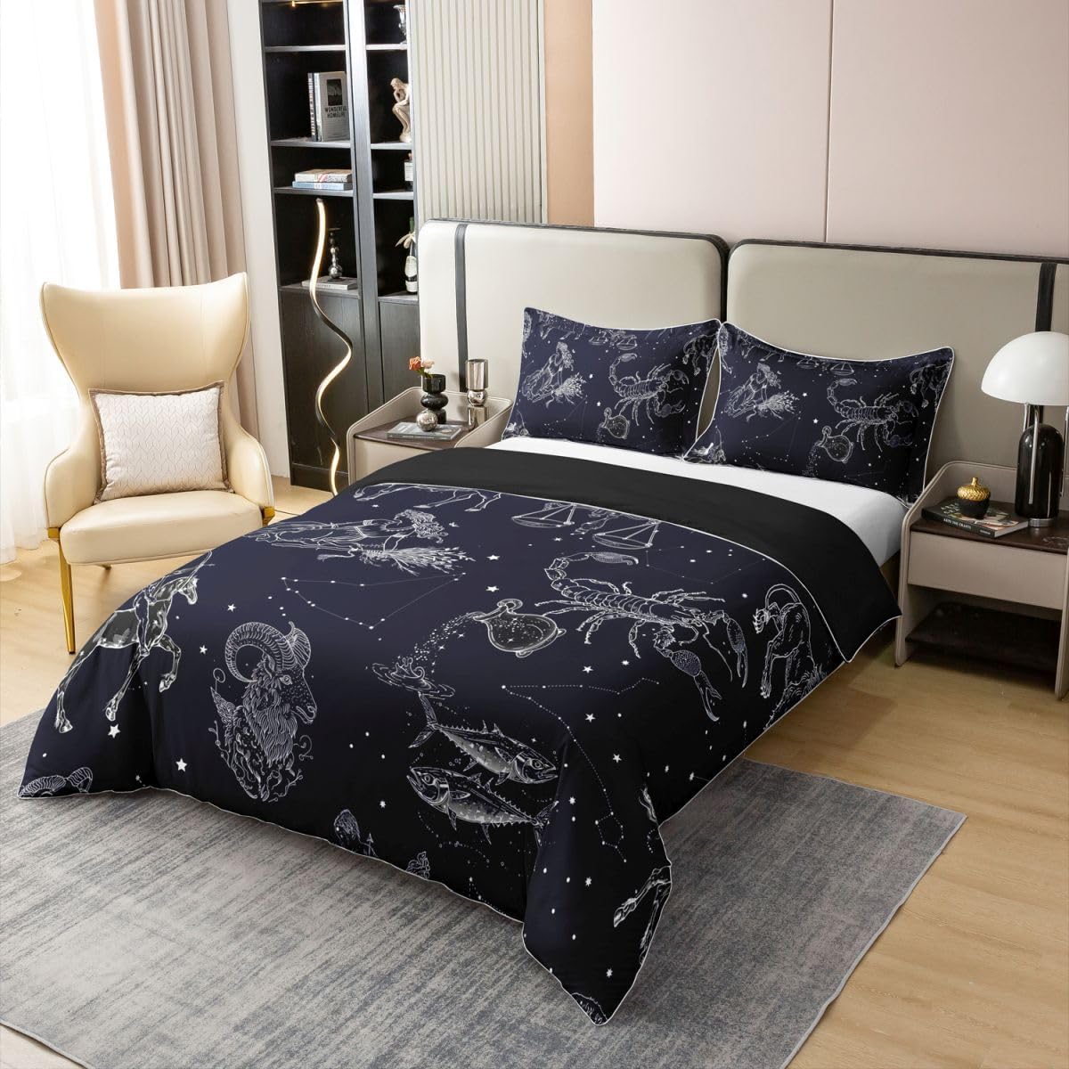 100% Cotton Constellation Comforter Cover Starry Sky Bedding Set Zodiac Signs Print Duvet Cover Navy Blue Room Decorative Quilt Cover, Lightweight 1 Duvet Cover with 1 Pillow Sham Twin Size image 3