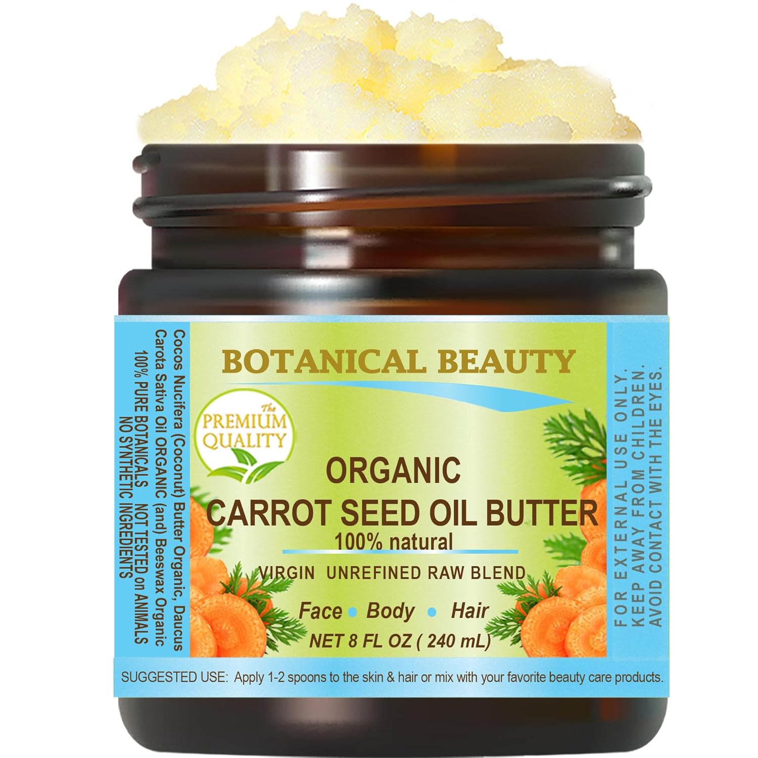 Botanical Beauty CARROT SEED OIL BUTTER Pure Natural Virgin Unrefined RAW 8 Fl. Oz.- 240 ml for FACE, SKIN, BODY, DAMAGED HAIR, NAILS. Rich in Beta Carotene, Vitamin E