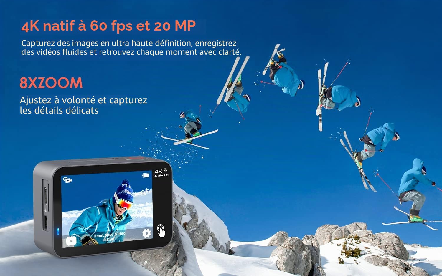 COOAU Action Cam HD 4K 64MP WiFi EIS Stabilisation avec Microphone Externe Caméra Sous-Marine 40M Télécommande Étanche 170° Grand Angle Time Lapse 2 Batteries (Gris)